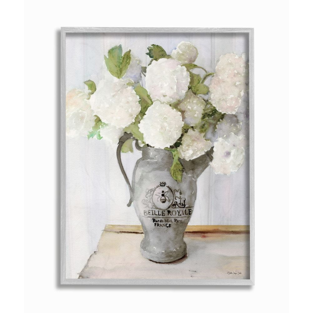 Stupell Industries White Hydrangea in French Country Pitcher Still Life Framed Wall Art Design by Stellar Design Studio, 11" x 14", Gray Framed