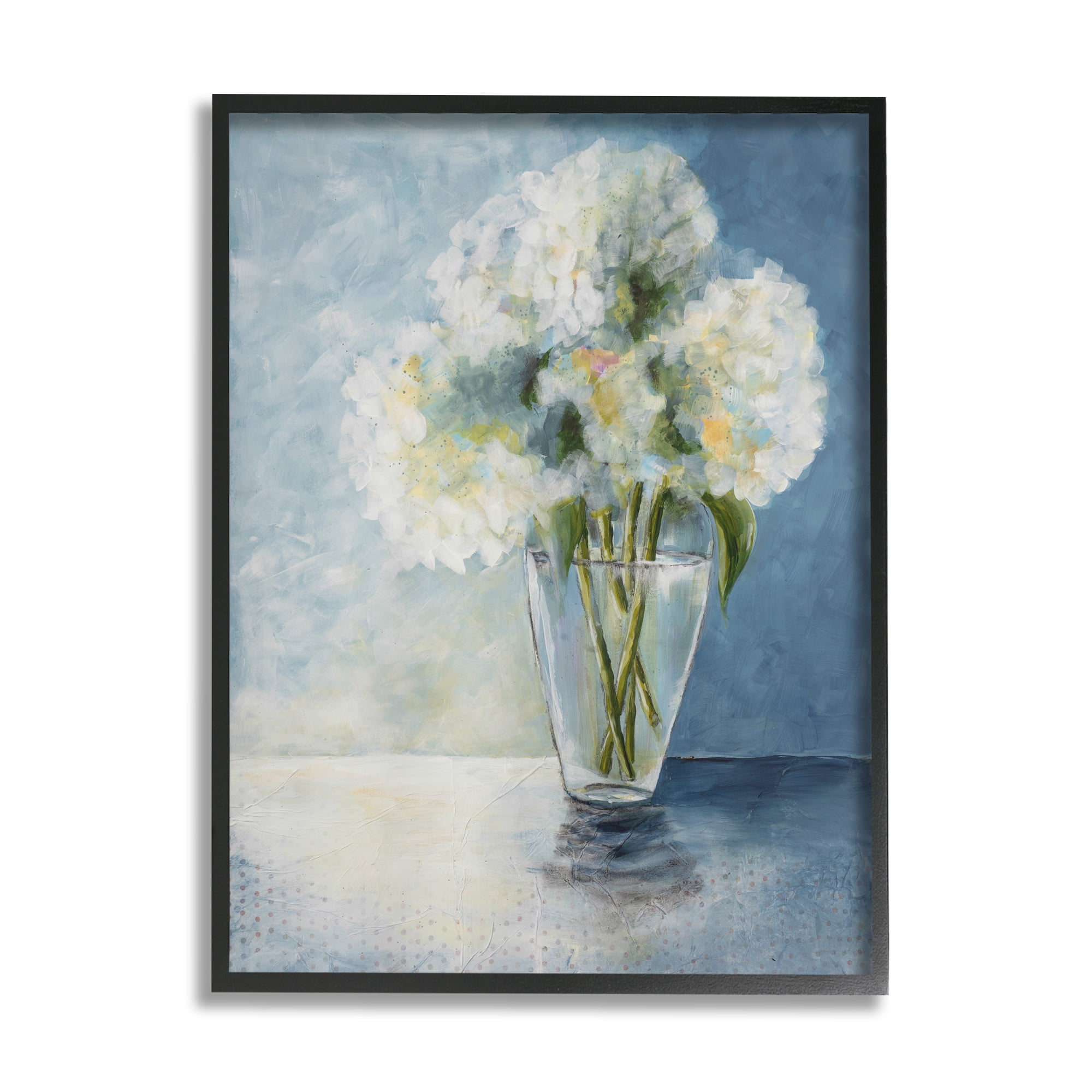 Stupell Industries White Hydrangeas Bouquet Glass Tabletop Vase Illustration Paintings Black Framed Art Print Wall Art, 11x14, by Doris Charest