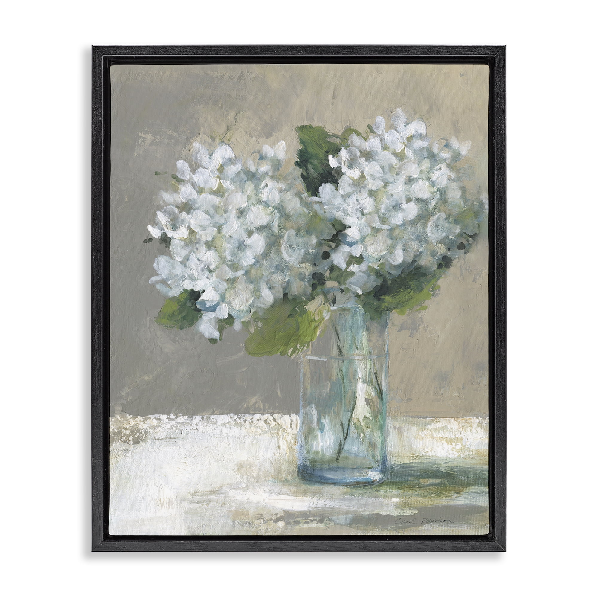 Stupell Industries White Hydrangeas Glass Vase Black Framed Floater Canvas Wall Art, design by Carol Robinson