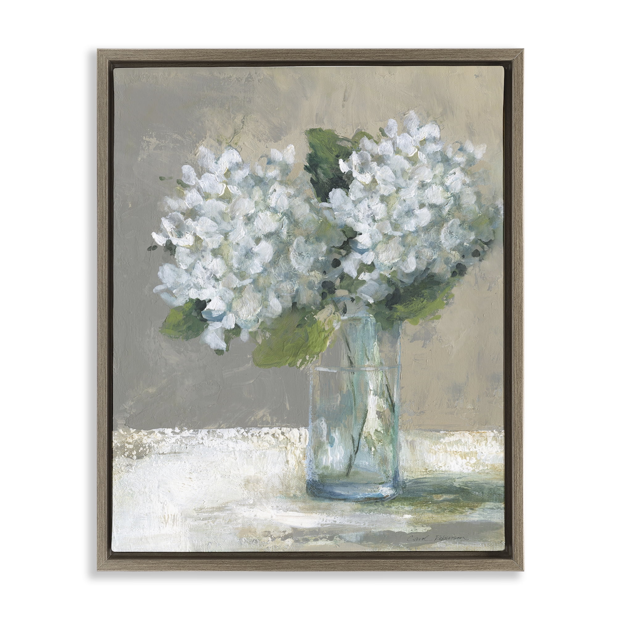 Stupell Industries White Hydrangeas Glass Vase Brown Framed Floater Canvas Wall Art, design by Carol Robinson