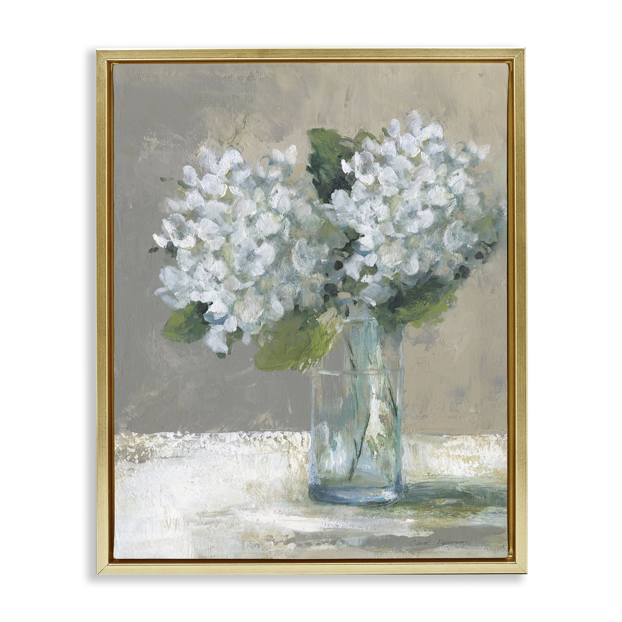 Stupell Industries White Hydrangeas Glass Vase Gold Framed Floater Canvas Wall Art, design by Carol Robinson