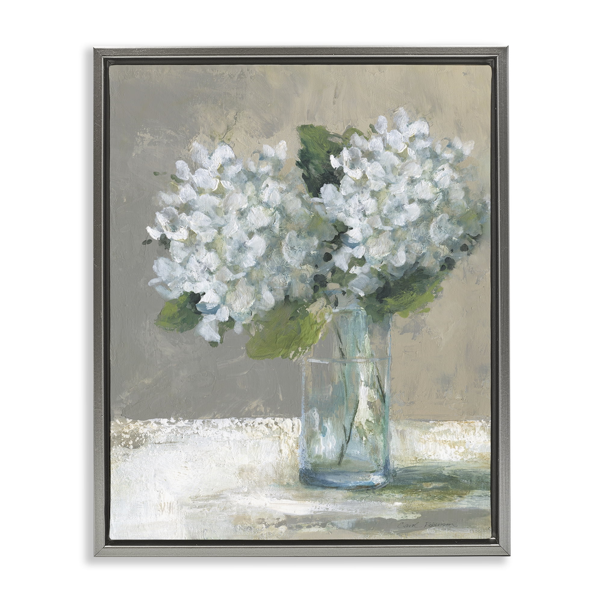 Stupell Industries White Hydrangeas Glass Vase Gray Framed Floater Canvas Wall Art, design by Carol Robinson