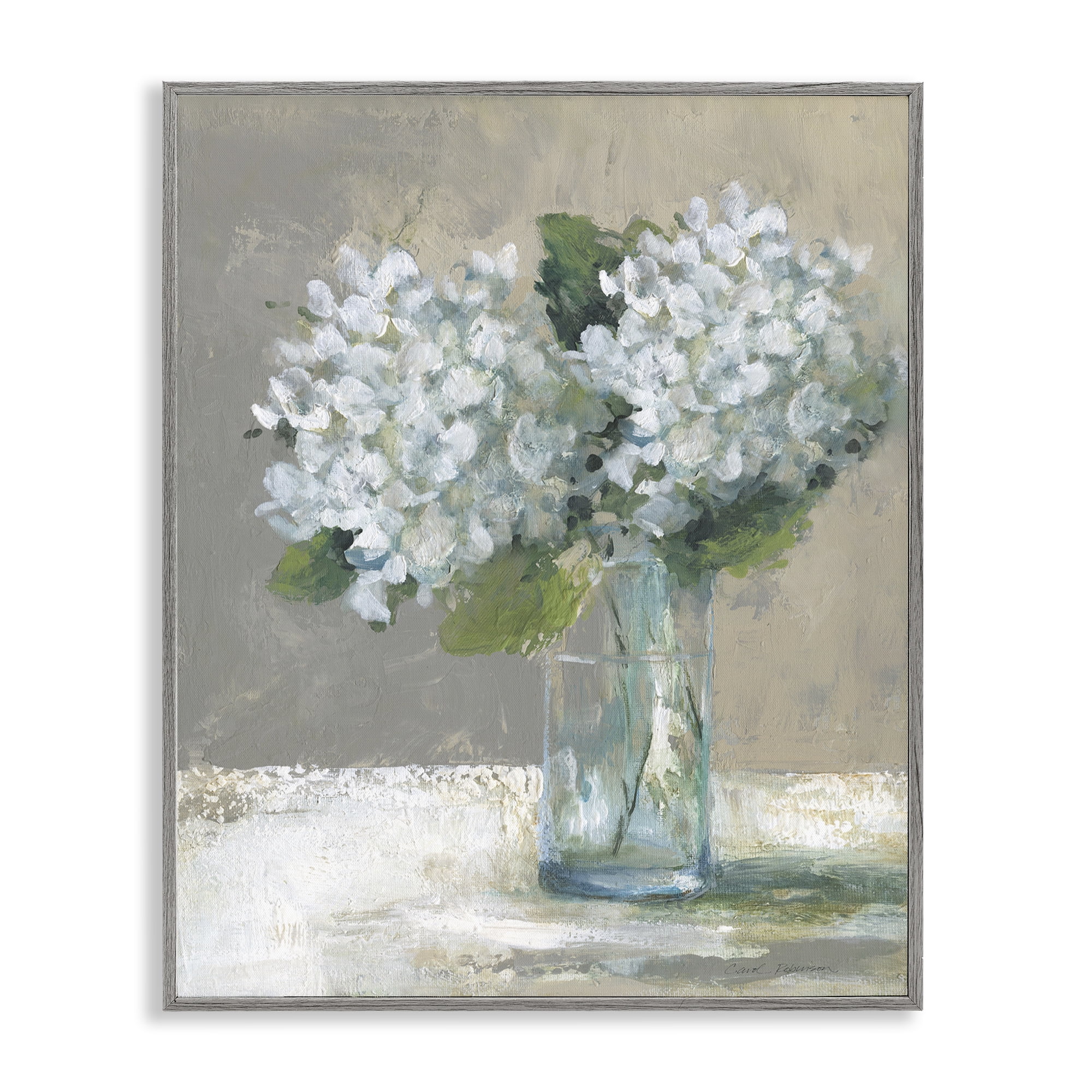 Stupell Industries White Hydrangeas Glass Vase Gray Framed Giclee Art, design by Carol Robinson