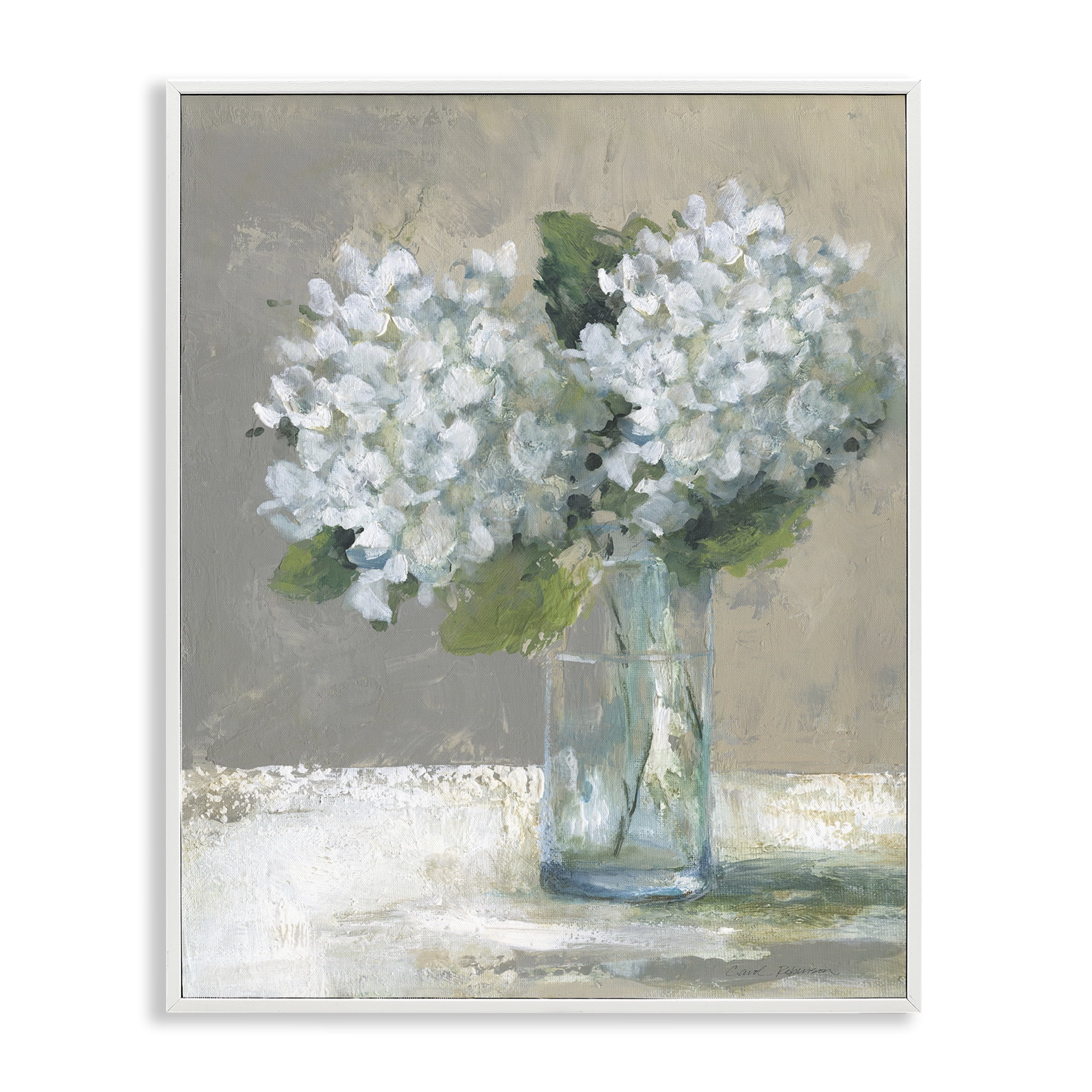 Stupell Industries White Hydrangeas Glass Vase White Framed Giclee Art, design by Carol Robinson