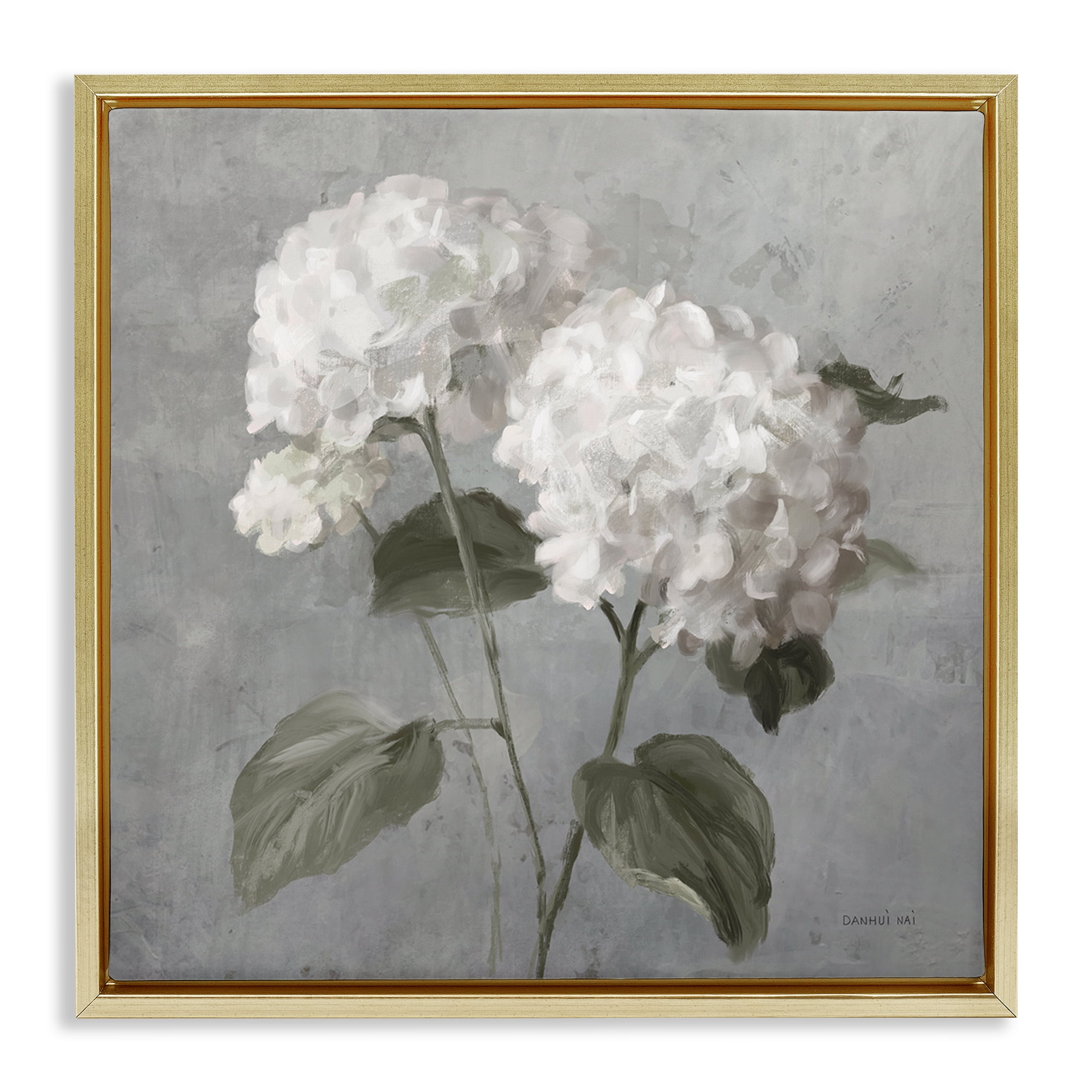 Stupell Industries White Hydrangeas Pair Plants & Flowers Painting Gold Floater Framed Canvas Art Print Wall Art, 18 x 18