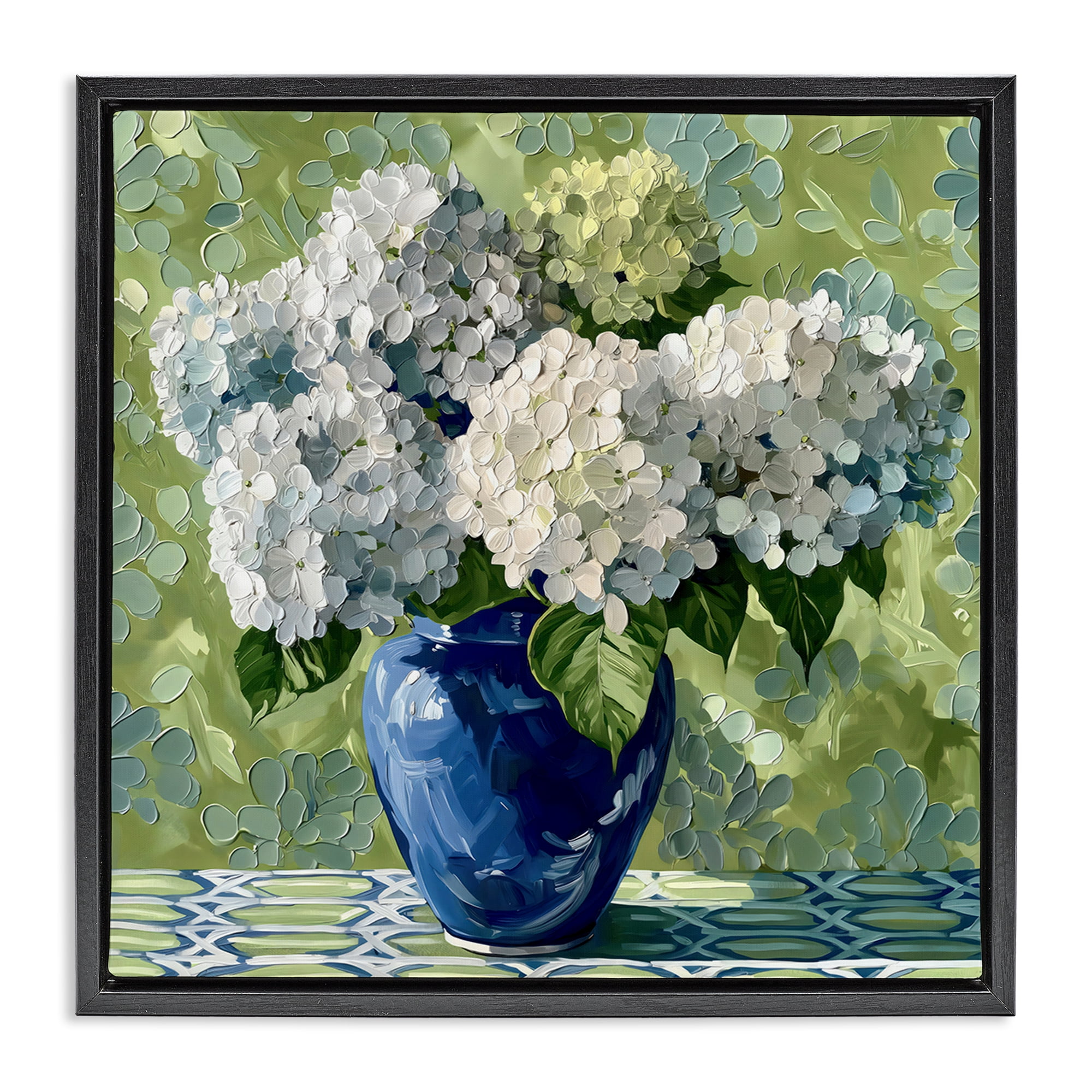 Stupell Industries White Hydrangeas in Blue Vase Black Framed Floater Canvas Wall Art, design by Gina Kelly