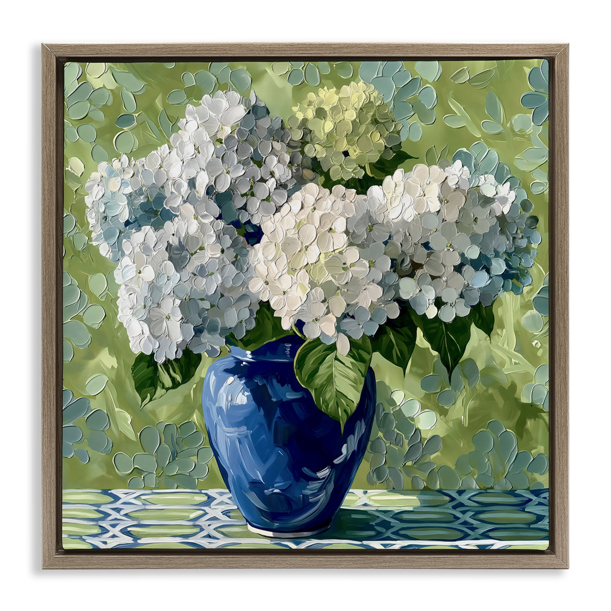 Stupell Industries White Hydrangeas in Blue Vase Brown Framed Floater Canvas Wall Art, design by Gina Kelly