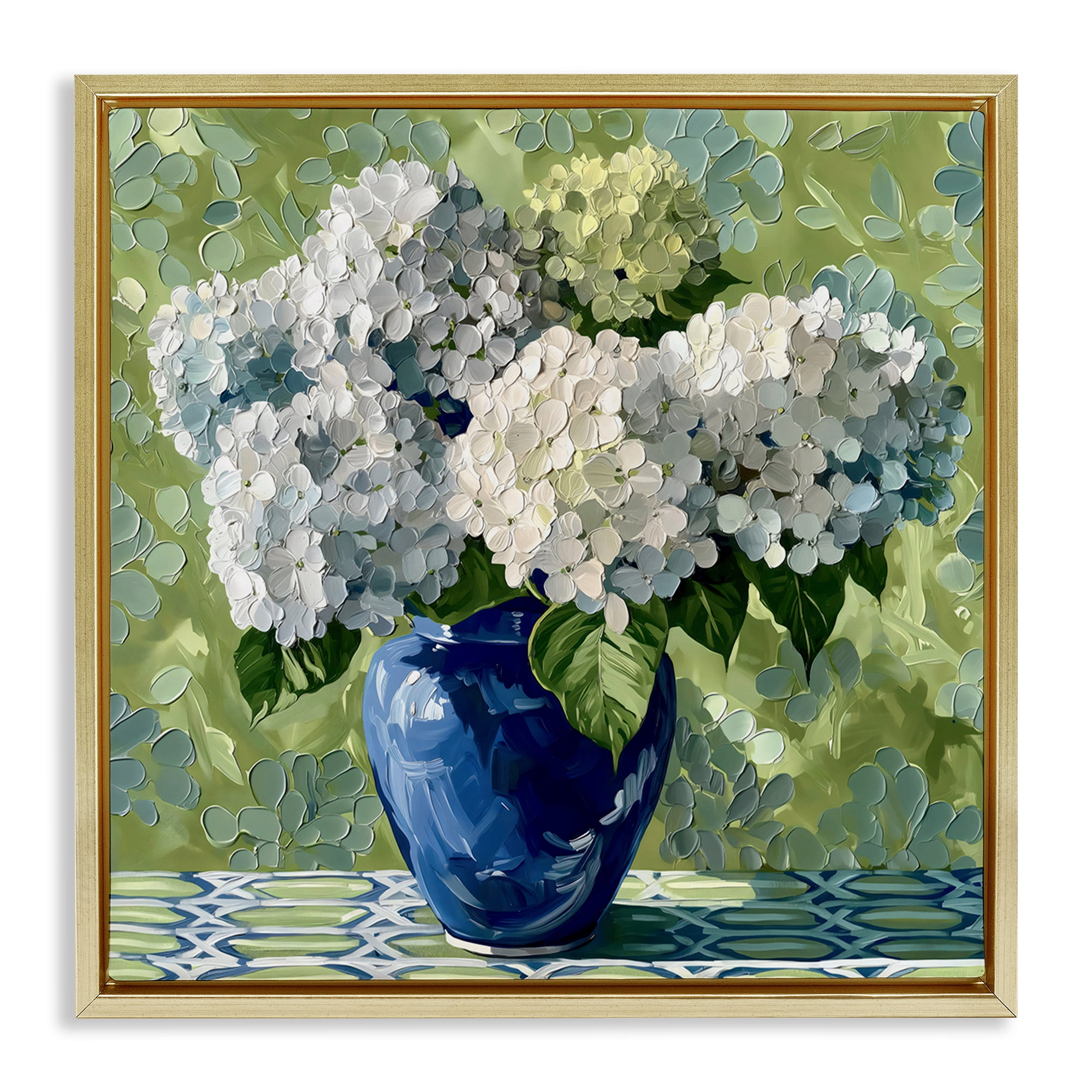 Stupell Industries White Hydrangeas in Blue Vase Gold Framed Floater Canvas Wall Art, design by Gina Kelly