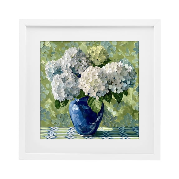 Stupell Industries French Country White Hydrangeas in Blue Vase White Framed Print Under Glass, 16 x 16, by Gina Kelly