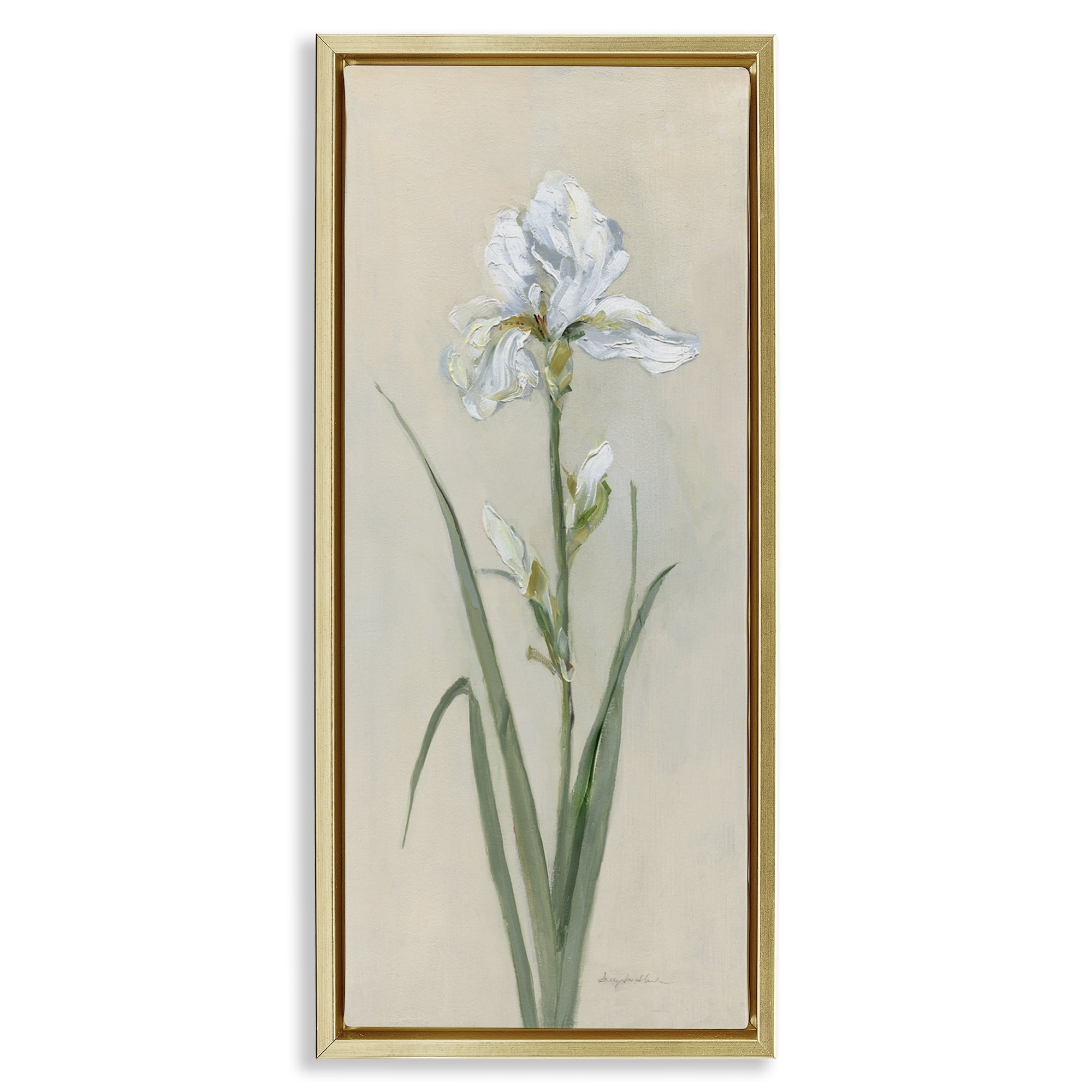 Stupell Industries White Iris on Beige Plants & Flowers Painting Gold Floater Framed Canvas Art Print Wall Art, 11 x 25