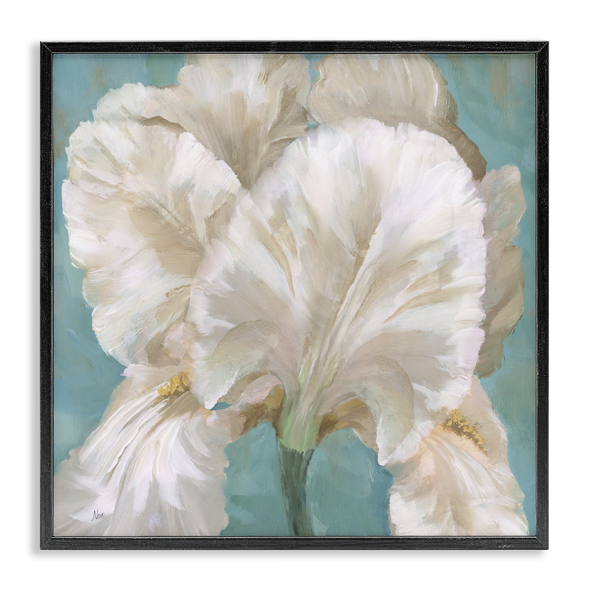 Stupell Industries White Iris on Blue Botanical & Floral Painting Black Framed Art Print Wall Art, 17 x 17