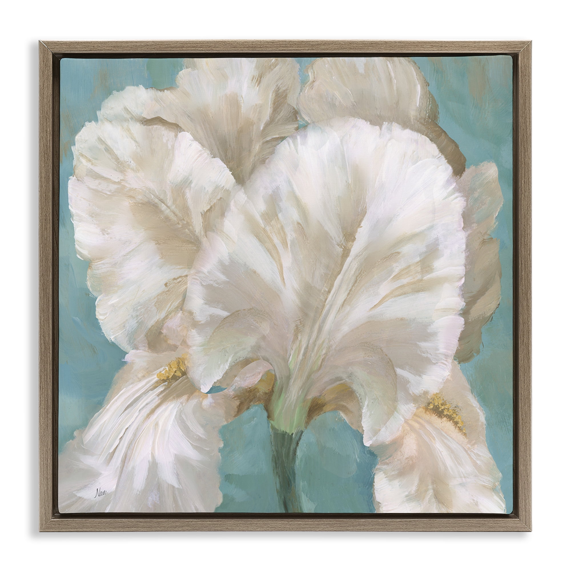 Stupell Industries White Iris on Blue Botanical & Floral Painting Brown Floater Framed Art Print Wall Art, 25 x 25