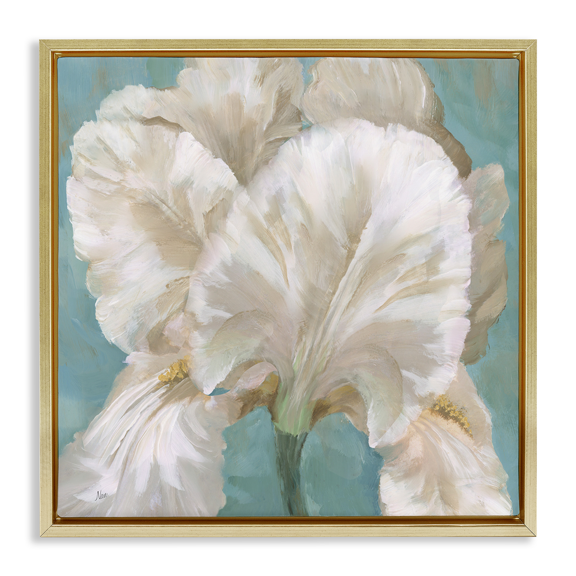 Stupell Industries White Iris on Blue Botanical & Floral Painting Gold Floater Framed Art Print Wall Art, 18 x 18