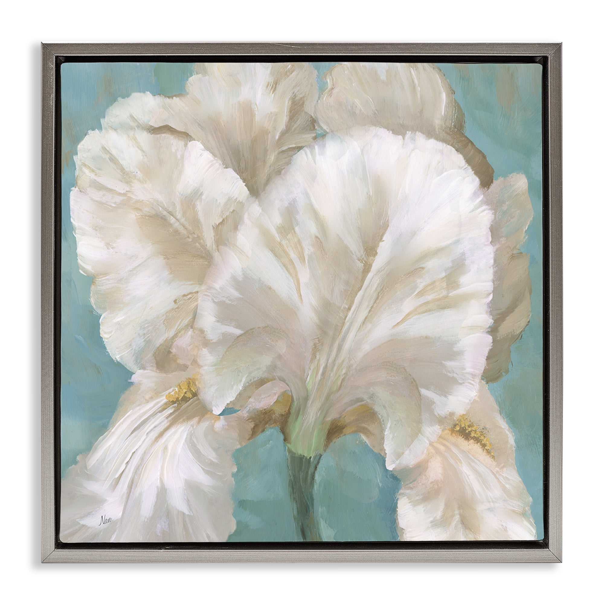 Stupell Industries White Iris on Blue Botanical & Floral Painting Gray Floater Framed Art Print Wall Art, 18 x 18