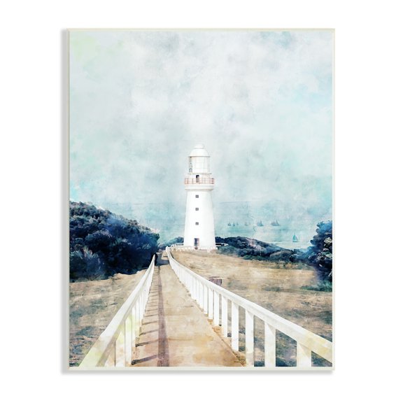 Stupell Industries White Lighthouse Boardwalk Rocky Cliff Coastal Landscape Water, 10 x 15,Design by Ziwei Li