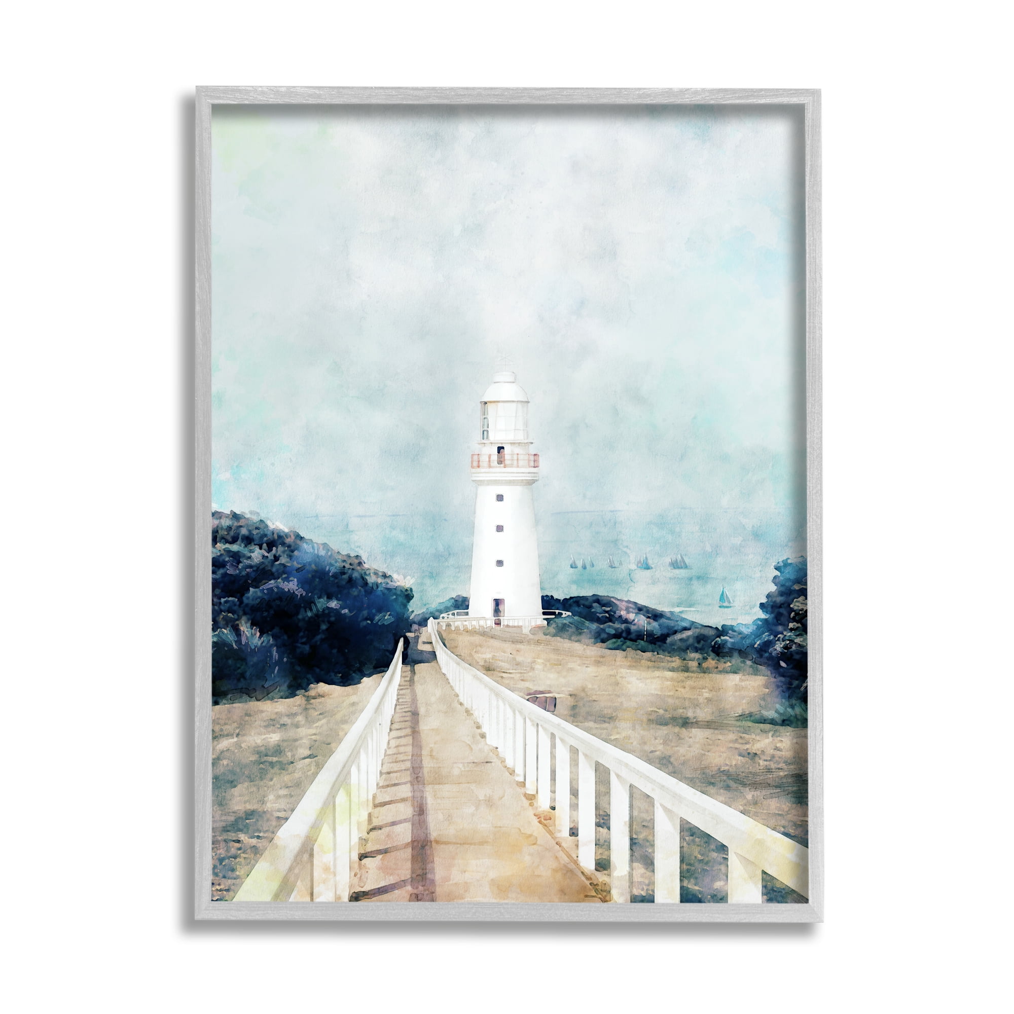Stupell Industries White Lighthouse Boardwalk Rocky Cliff Coastal Landscape Water, 11 x 14,Design by Ziwei Li