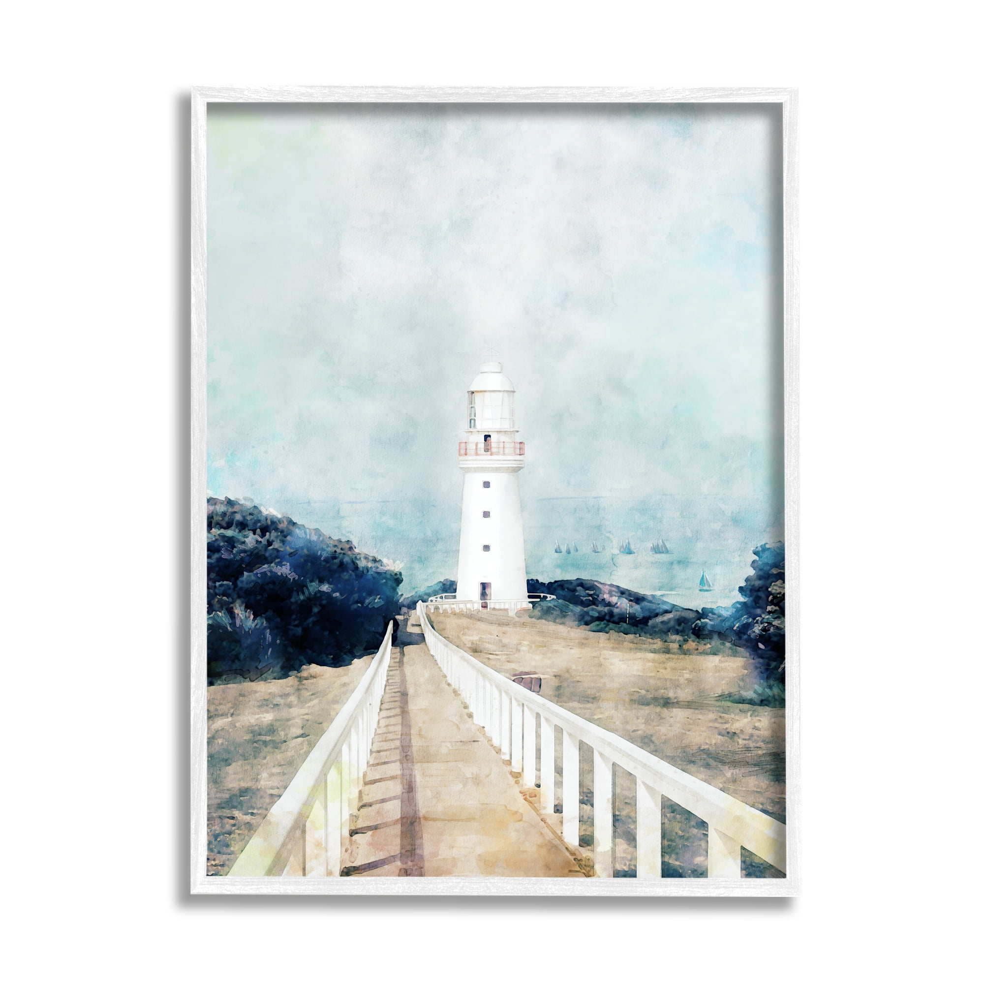 Stupell Industries White Lighthouse Boardwalk Rocky Cliff Coastal Landscape Water, 24 x 30,Design by Ziwei Li
