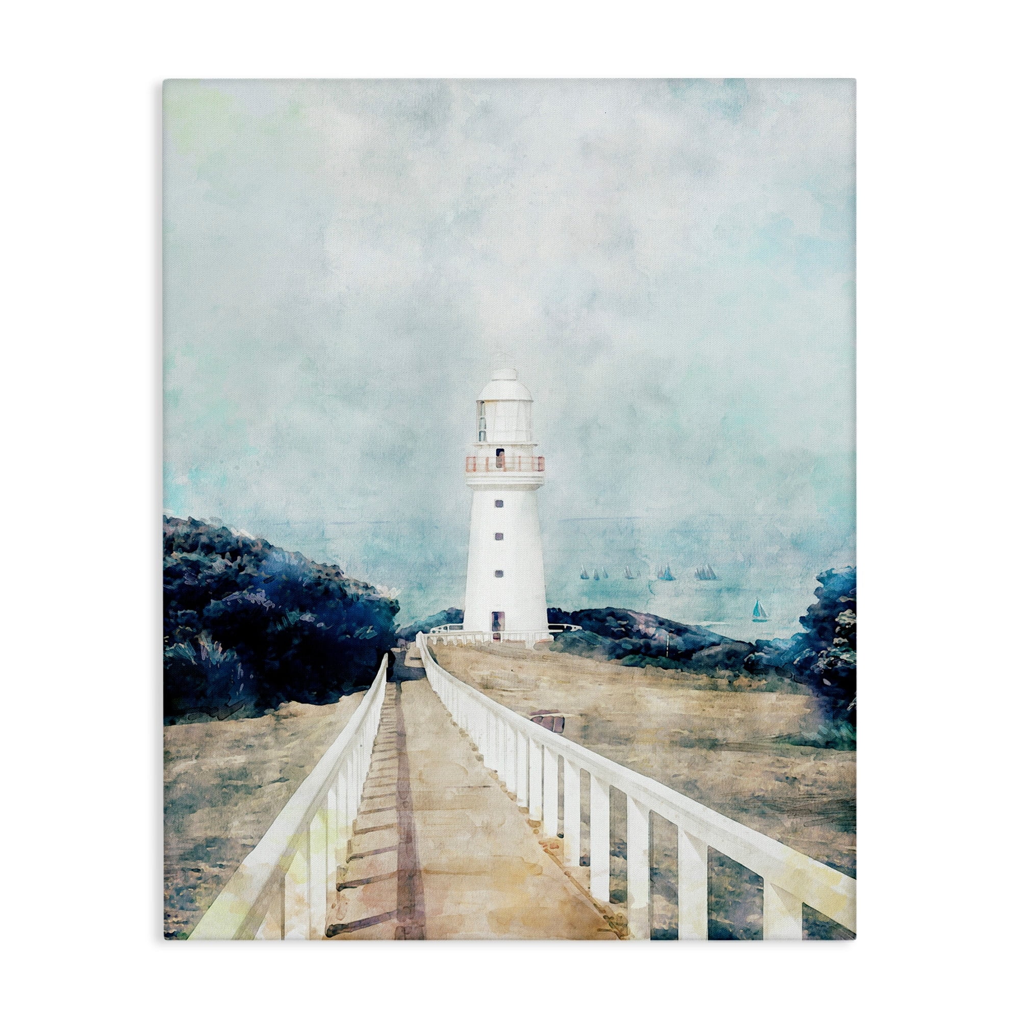 Stupell Industries White Lighthouse Boardwalk Rocky Cliff Coastal Landscape Water, 24 x 30,Design by Ziwei Li