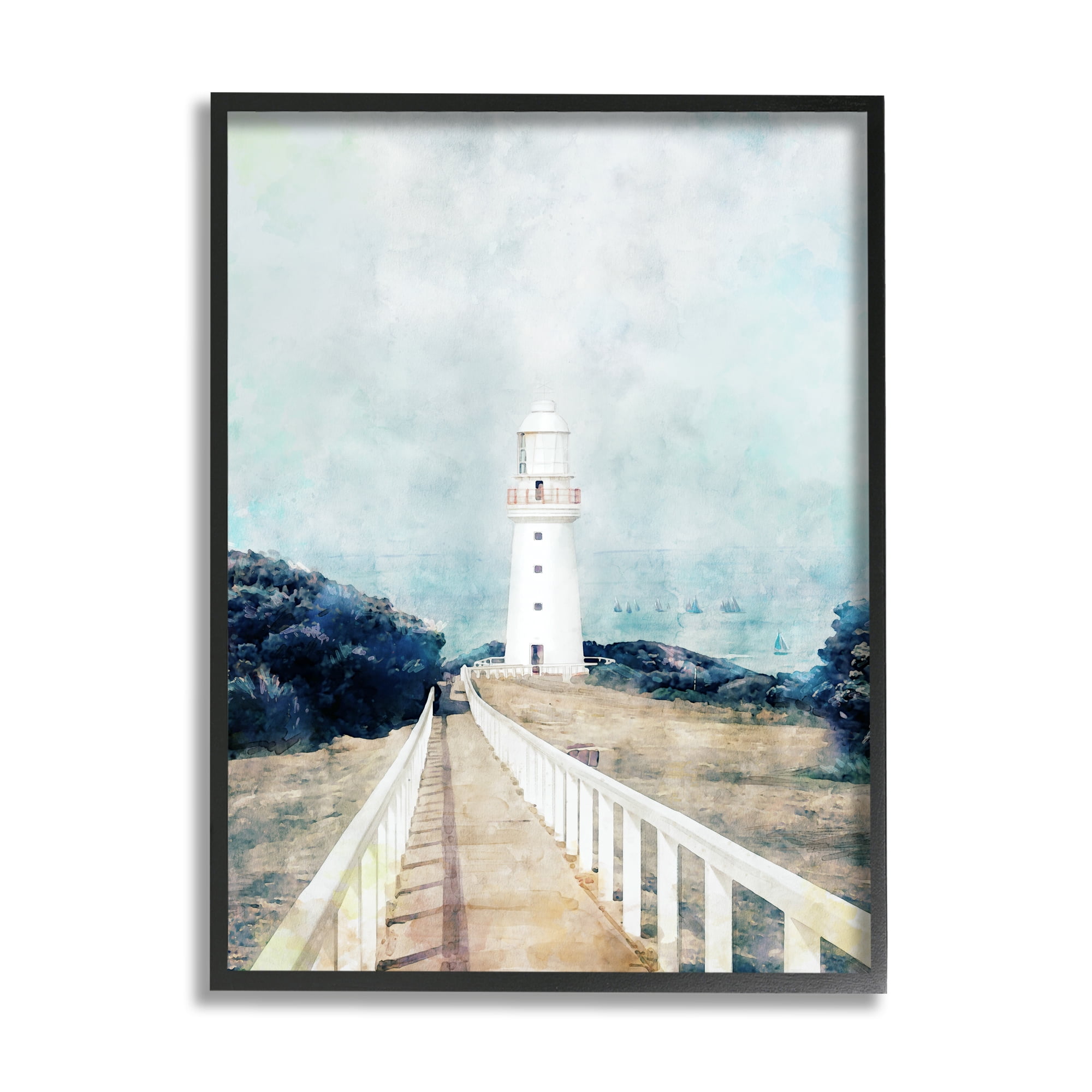 White Lighthouse Coastal Landscape Black Framed Wall Art, 24x30