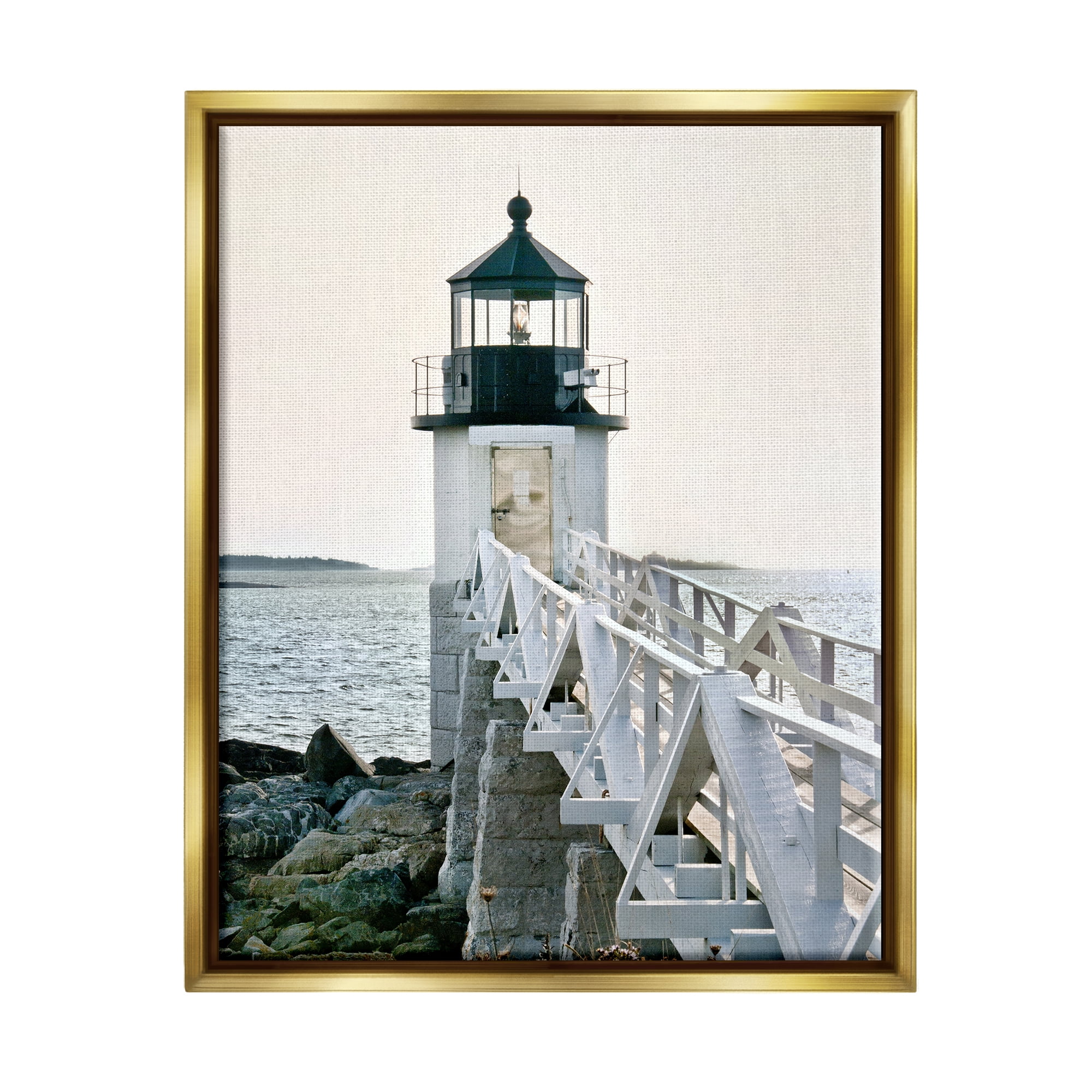 Stupell Industries White Lighthouse Photography Travel & Places Photography Gold Floater Framed Canvas Art Print Wall Art, 17 x 21