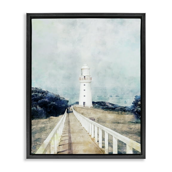 Stupell Industries White Lighthouse & Rustic Boardwalk Nature Painting Black Floater Framed Canvas Art Print Wall Art, 17 x 21