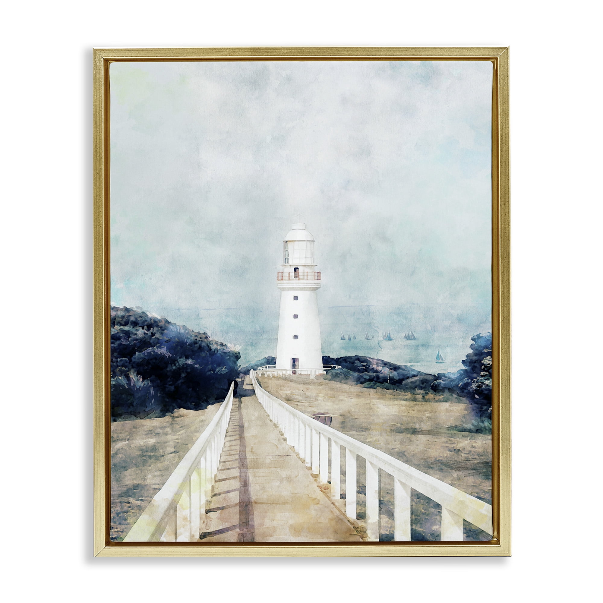 Stupell Industries White Lighthouse & Rustic Boardwalk Nature Painting Gold Floater Framed Canvas Art Print Wall Art, 25 x 31