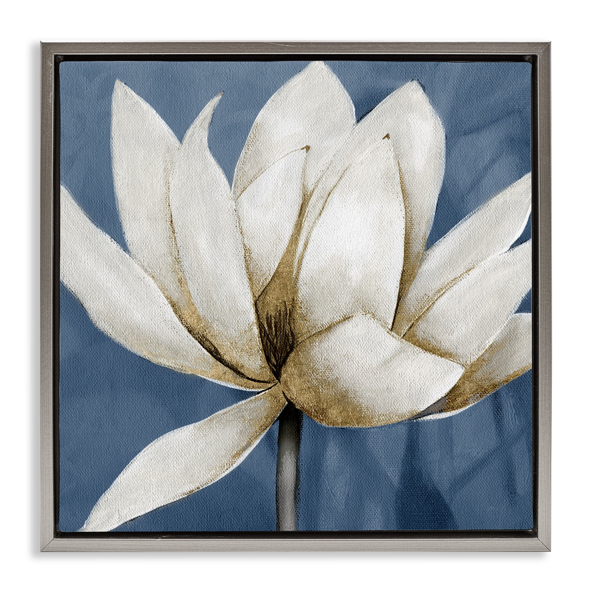 Stupell Industries White Lotus Blooms Botanical & Floral Painting Gray Floater Framed Art Print Wall Art, 18 x 18