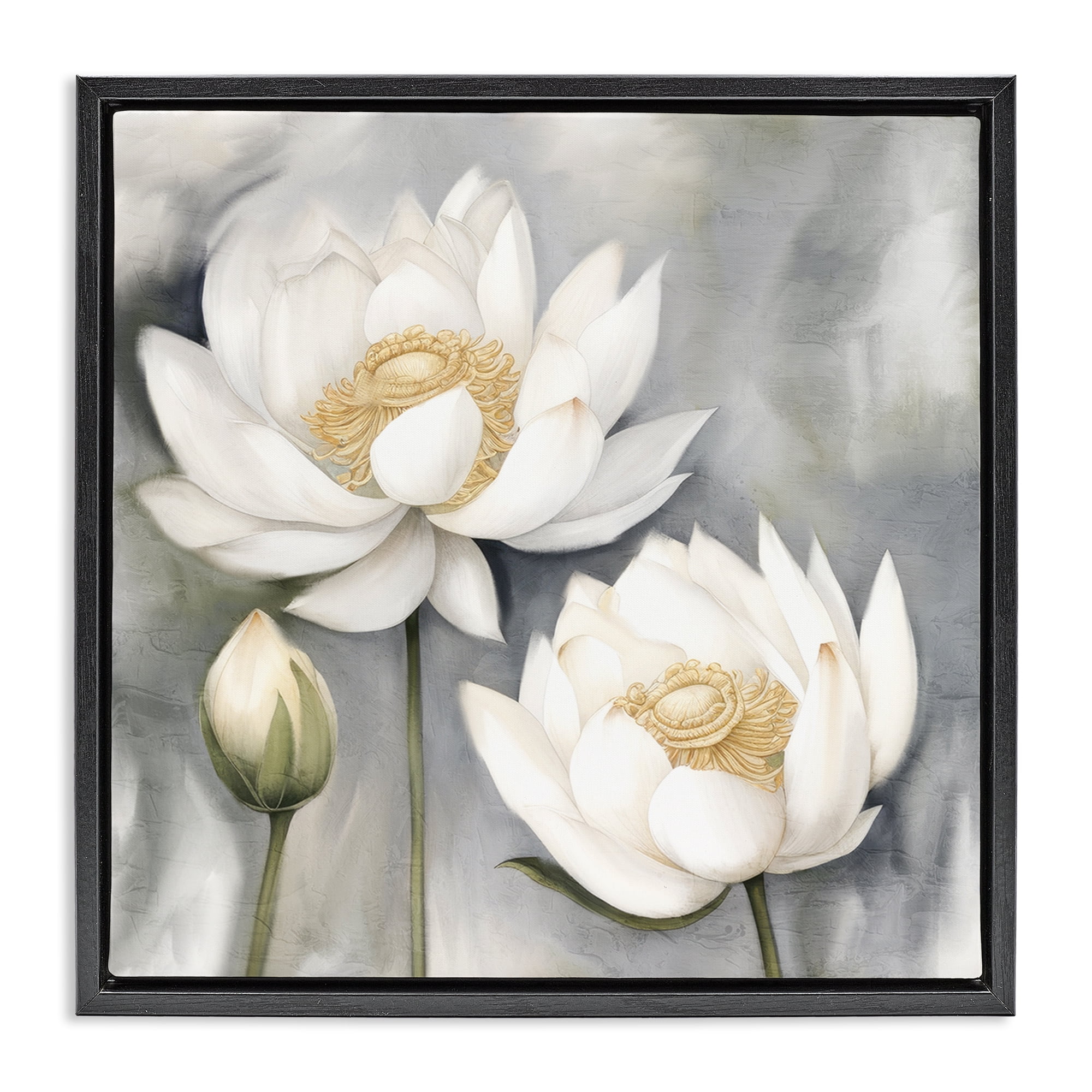 Stupell Industries White Lotuses on Grey Plants & Flowers Painting Black Floater Framed Canvas Art Print Wall Art, 18 x 18