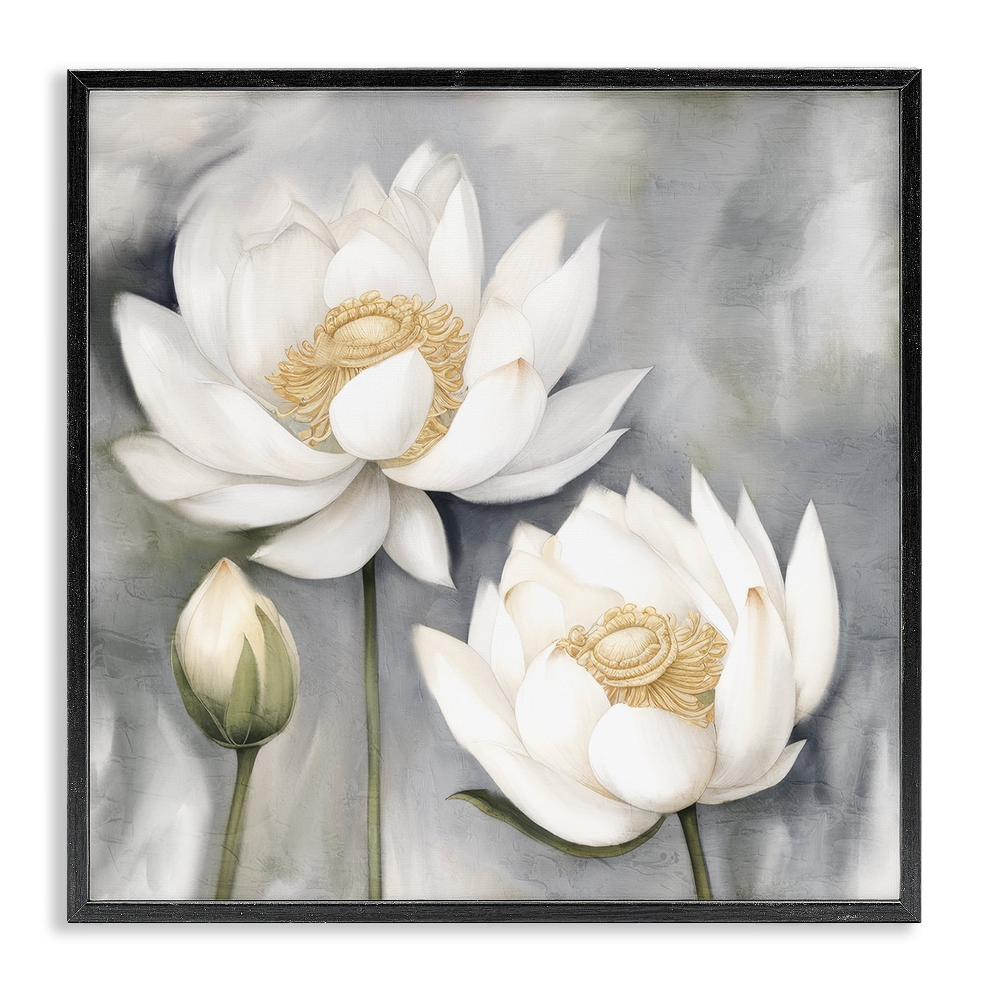 Stupell Industries White Lotuses on Grey Plants & Flowers Painting Black Framed Art Print Wall Art, 12 x 12