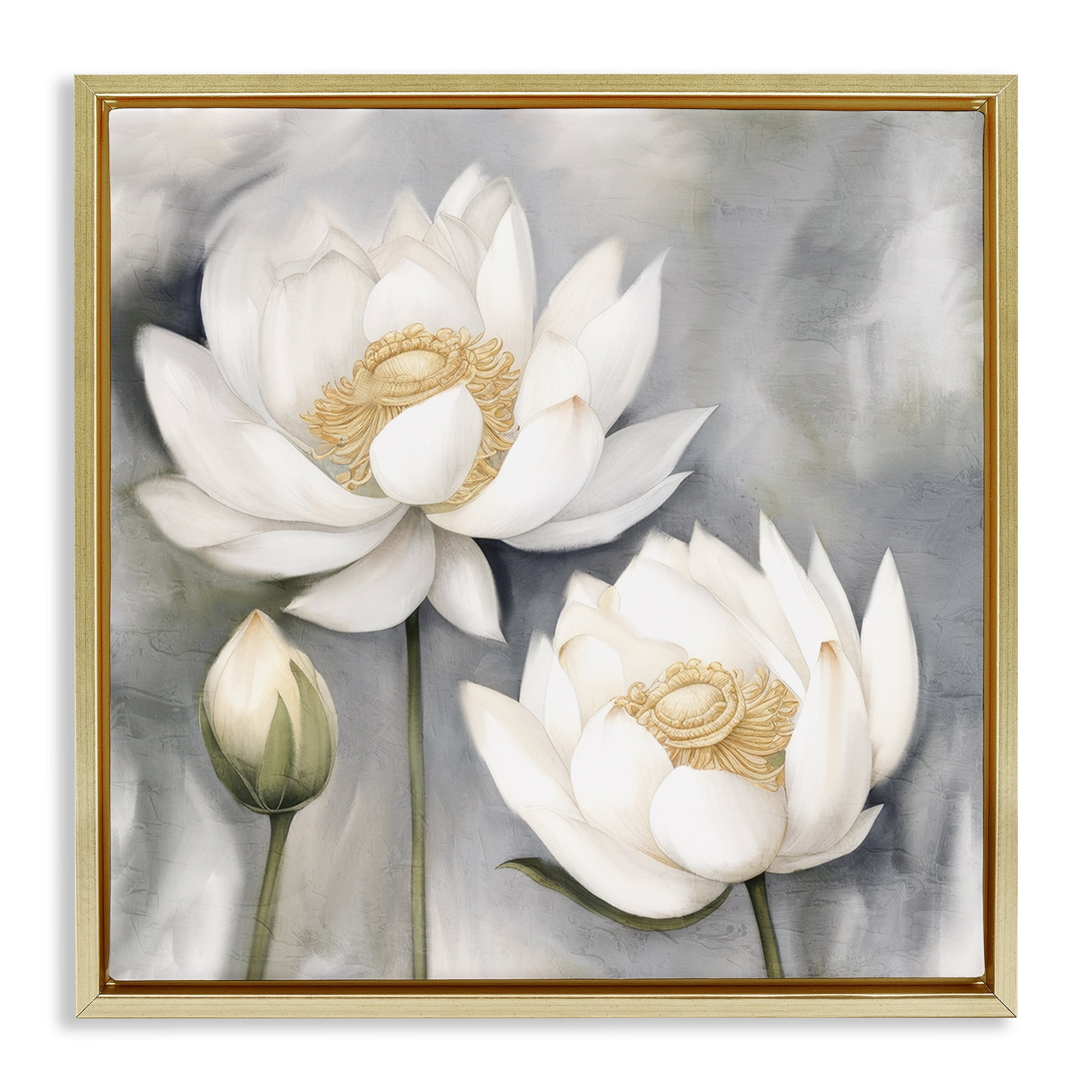 Stupell Industries White Lotuses on Grey Plants & Flowers Painting Gold Floater Framed Canvas Art Print Wall Art, 18 x 18