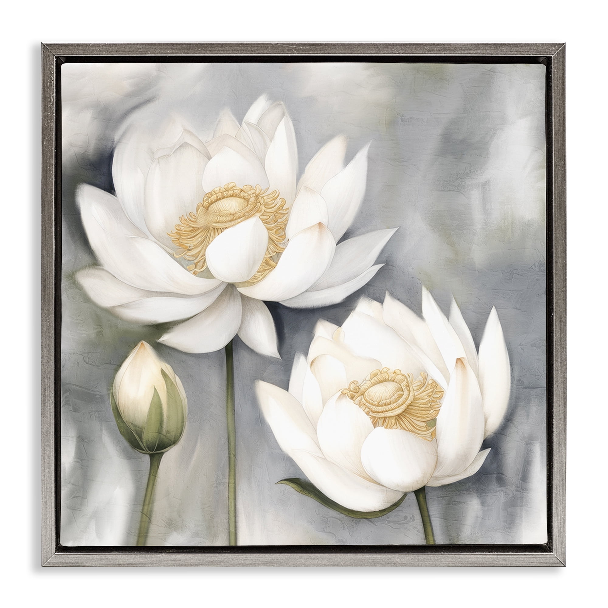 Stupell Industries White Lotuses on Grey Plants & Flowers Painting Gray Floater Framed Canvas Art Print Wall Art, 25 x 25