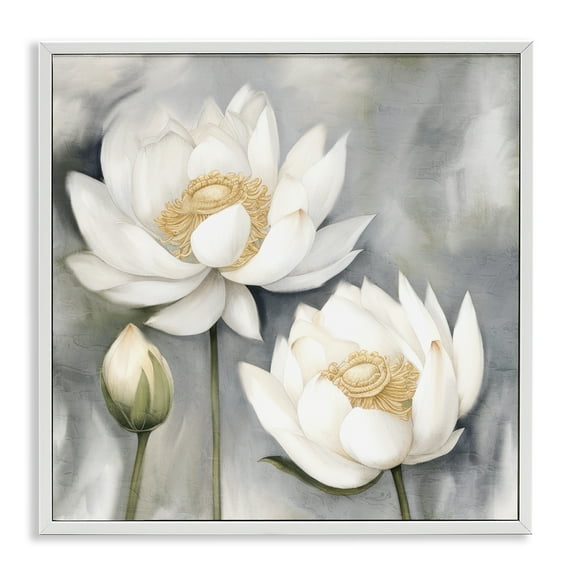 Stupell Industries White Lotuses on Grey Plants & Flowers Painting White Framed Art Print Wall Art, 12 x 12