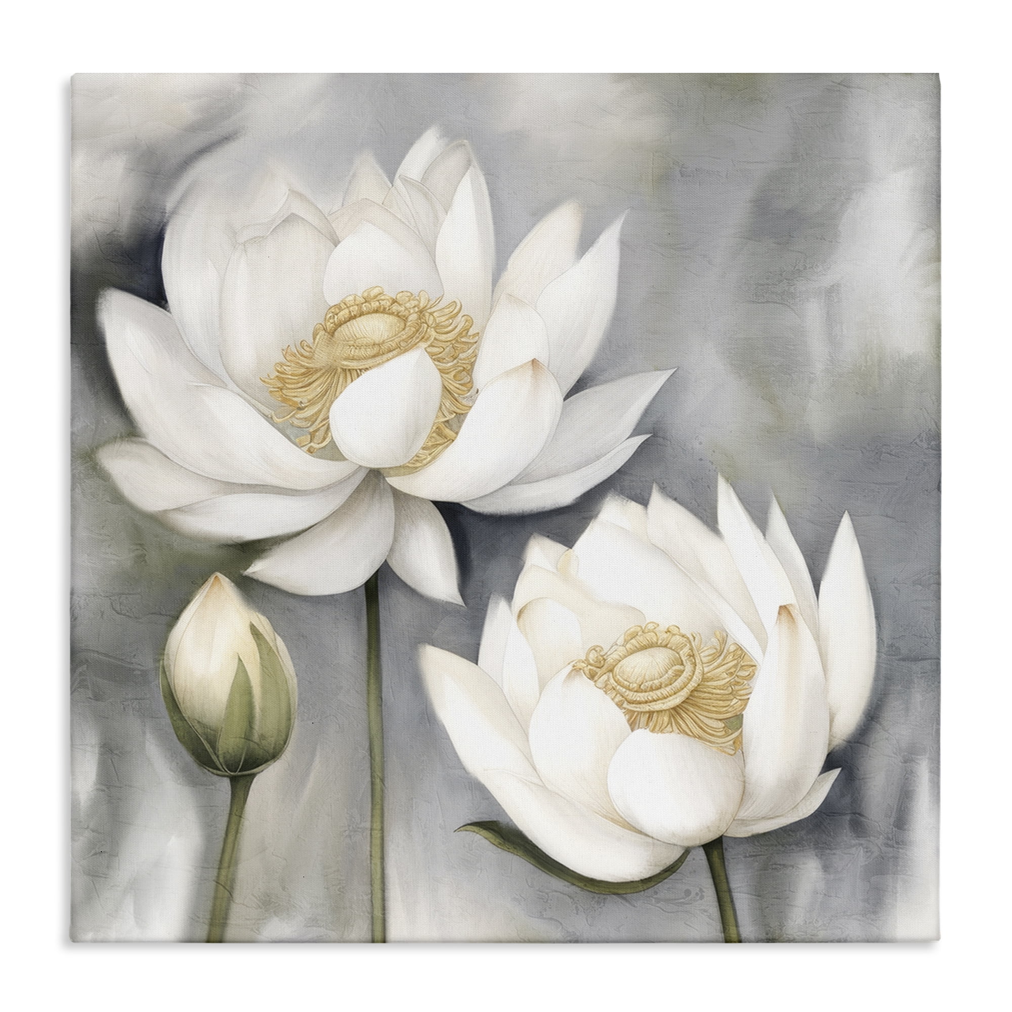 Stupell Industries White Lotuses on Grey Plants & Flowers Painting Wrapped Canvas Art Print Wall Art, 24 x 24