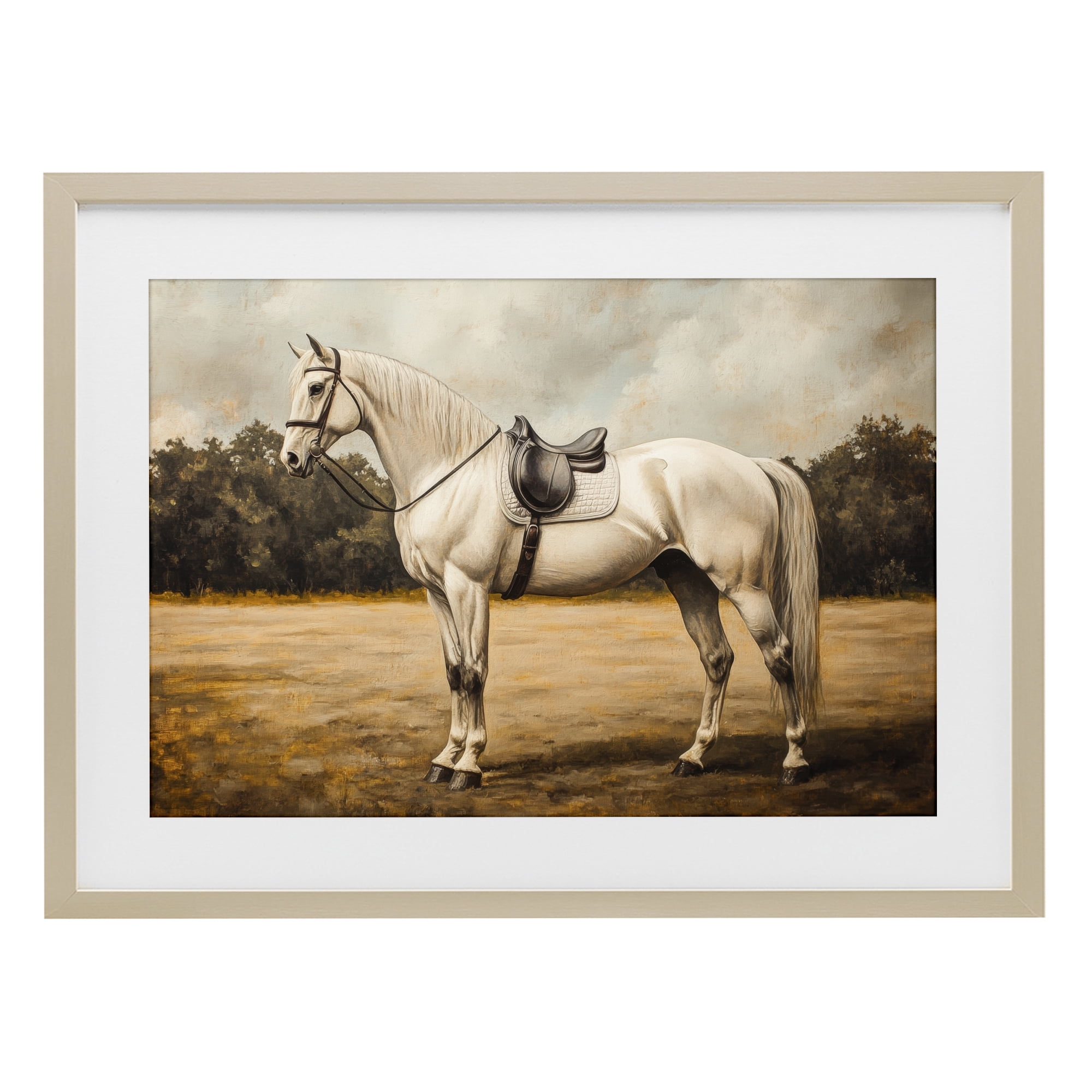 Stupell Industries White Mare with Saddle Birch Framed Print Under Glass, design by Petal Prints Design