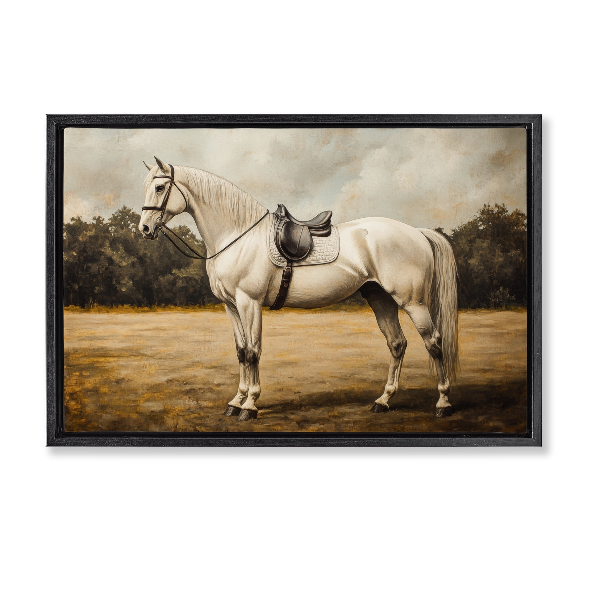 Stupell Industries White Mare with Saddle Black Framed Floater Canvas Wall Art, design by Petal Prints Design