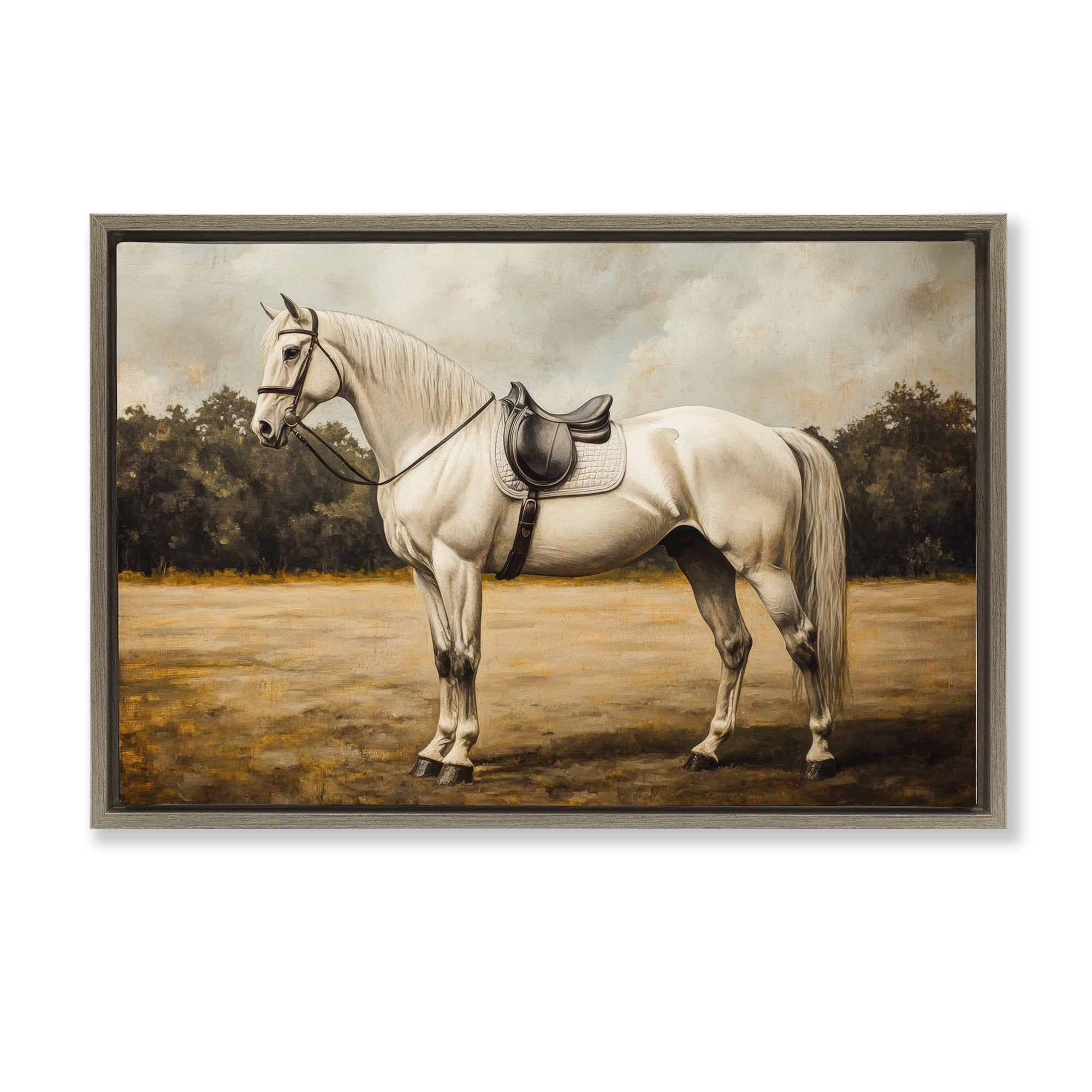 Stupell Industries White Mare with Saddle Brown Framed Floater Canvas Wall Art, design by Petal Prints Design