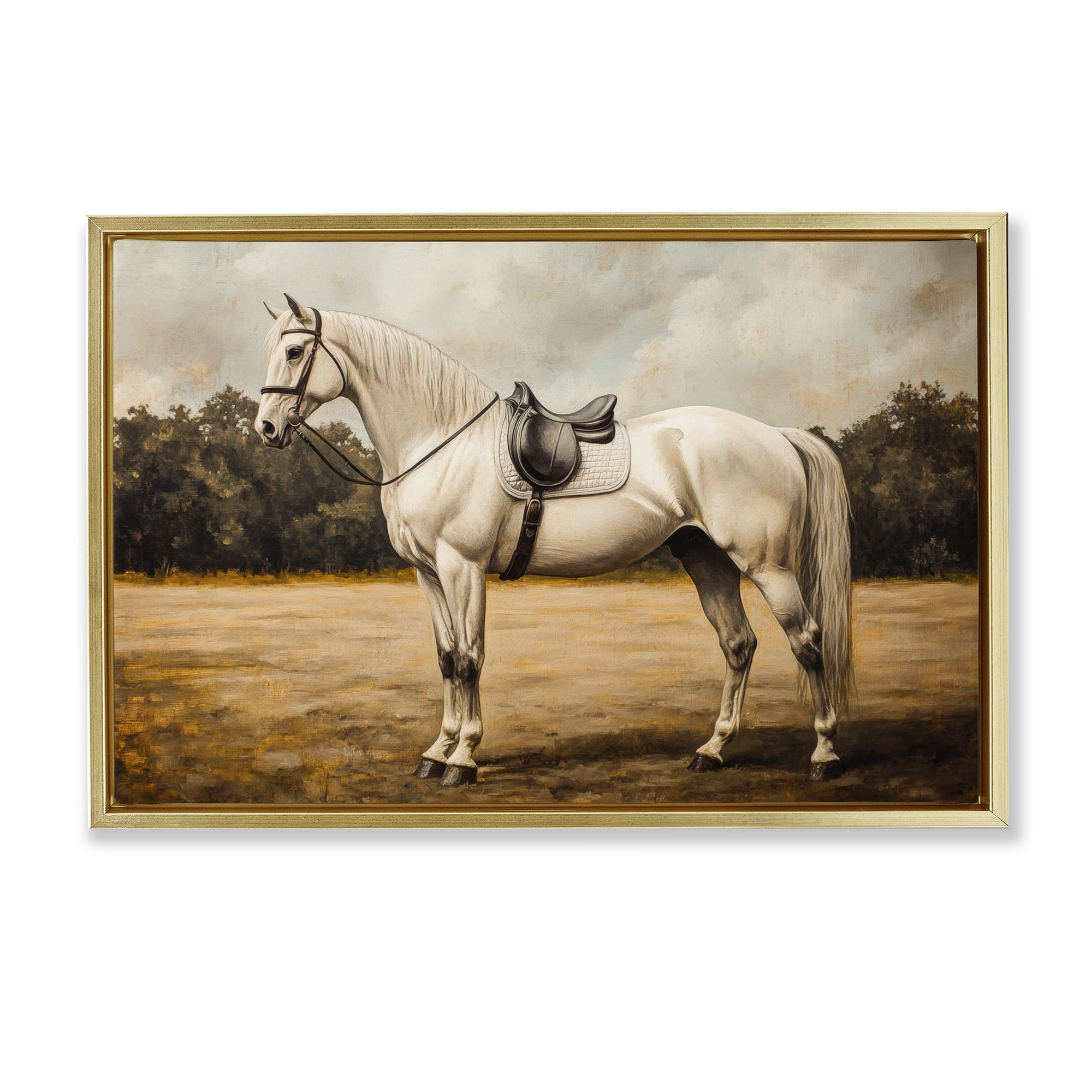 Stupell Industries White Mare with Saddle Gold Framed Floater Canvas Wall Art, design by Petal Prints Design