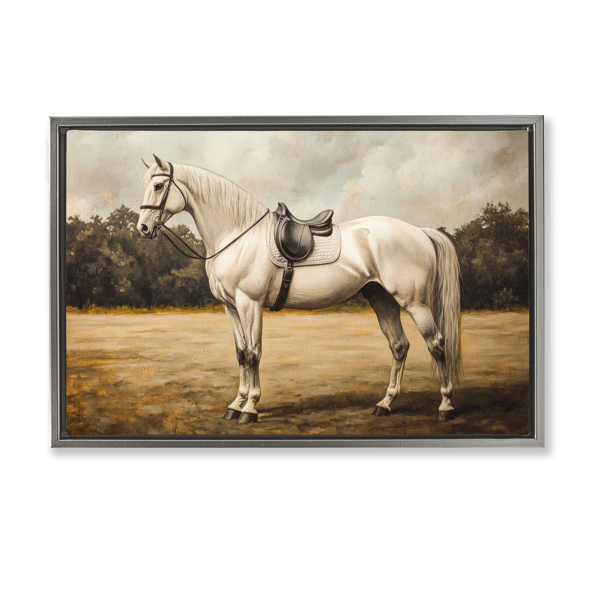Stupell Industries White Mare with Saddle Gray Framed Floater Canvas Wall Art, design by Petal Prints Design