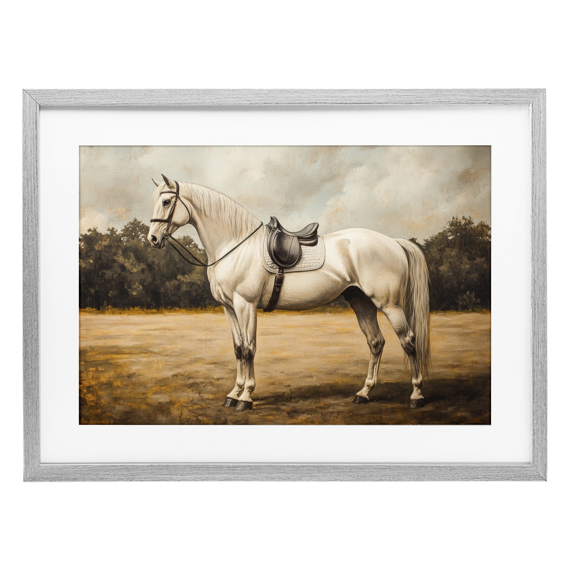 Stupell Industries White Mare with Saddle Gray Framed Print Under Glass, design by Petal Prints Design