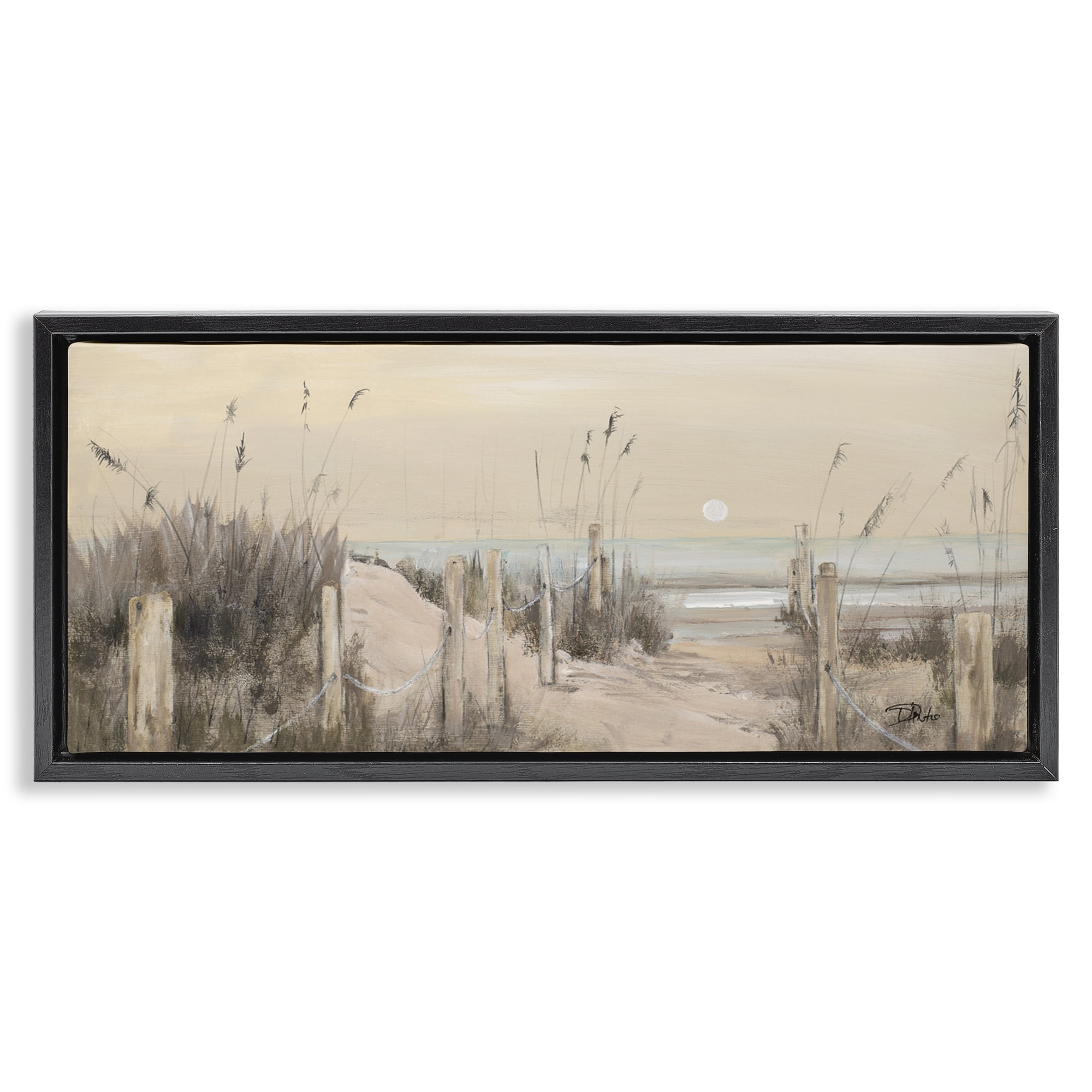 Stupell Industries White Moon Over Ocean Landscape Painting Black Floater Framed Canvas Art Print Wall Art, 31 x 14