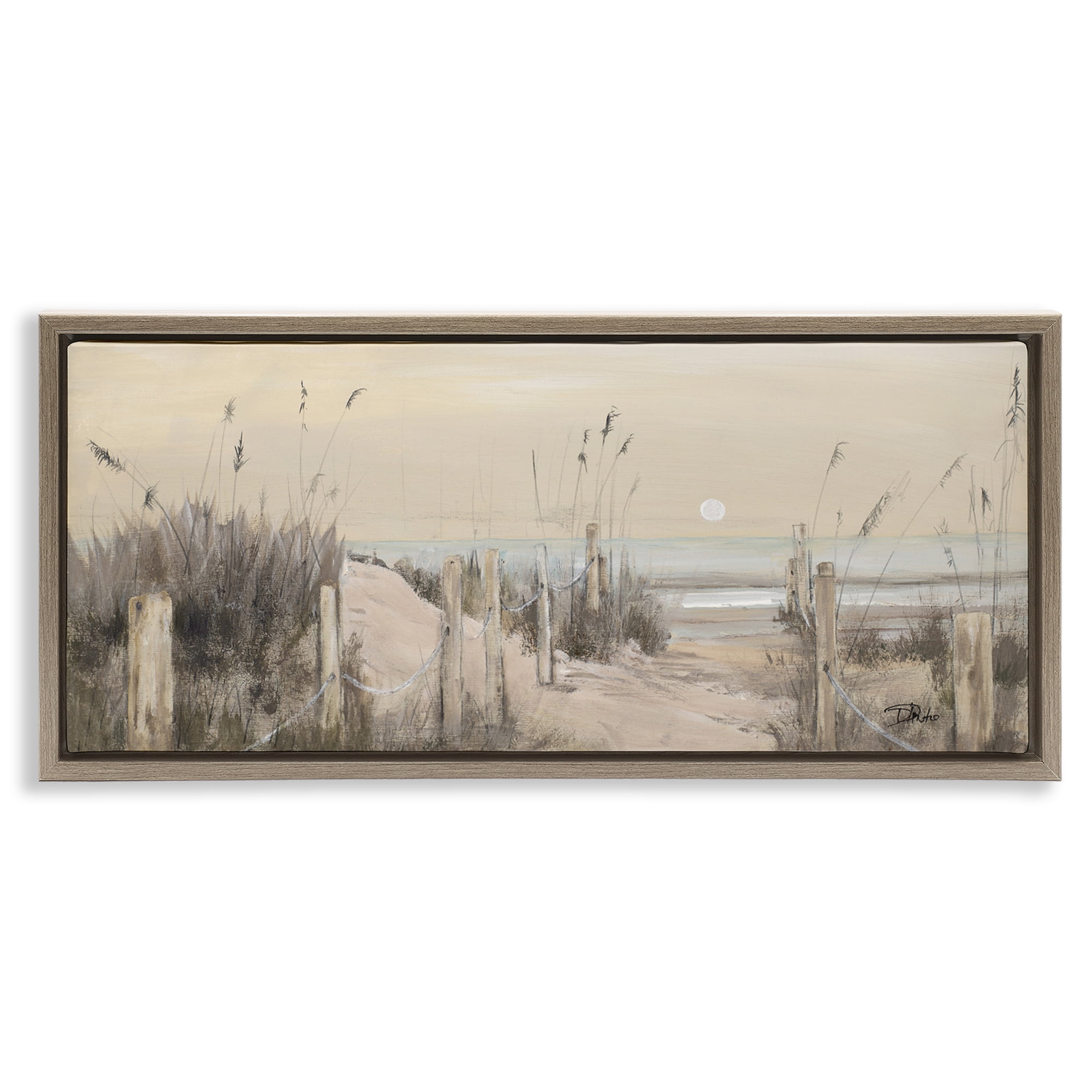 Stupell Industries White Moon Over Ocean Landscape Painting Brown Floater Framed Canvas Art Print Wall Art, 31 x 14