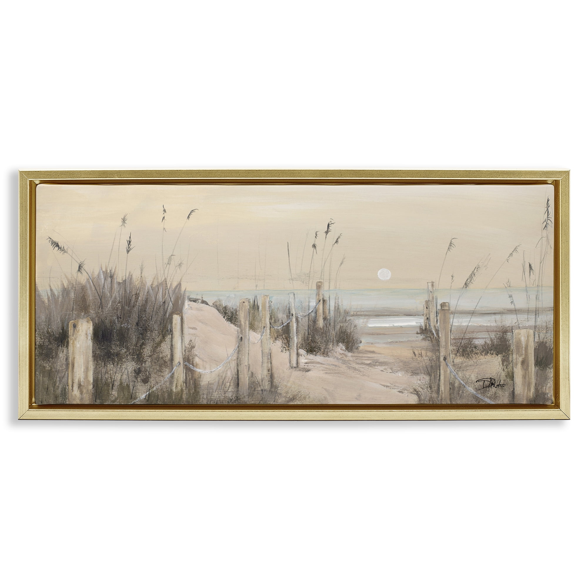 Stupell Industries White Moon Over Ocean Landscape Painting Gold Floater Framed Canvas Art Print Wall Art, 25 x 11