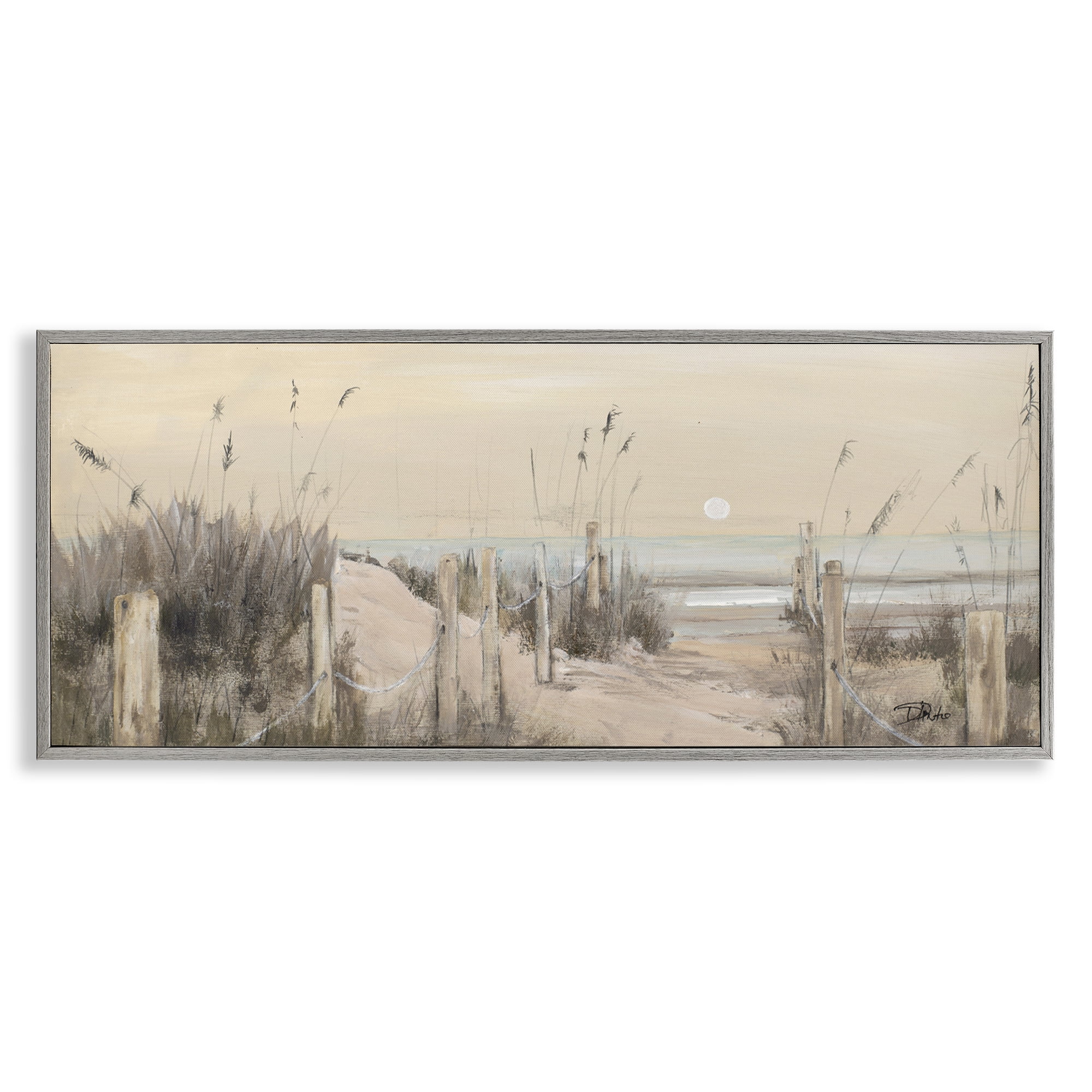 Stupell Industries White Moon Over Ocean Landscape Painting Gray Framed Art Print Wall Art, 30 x 13