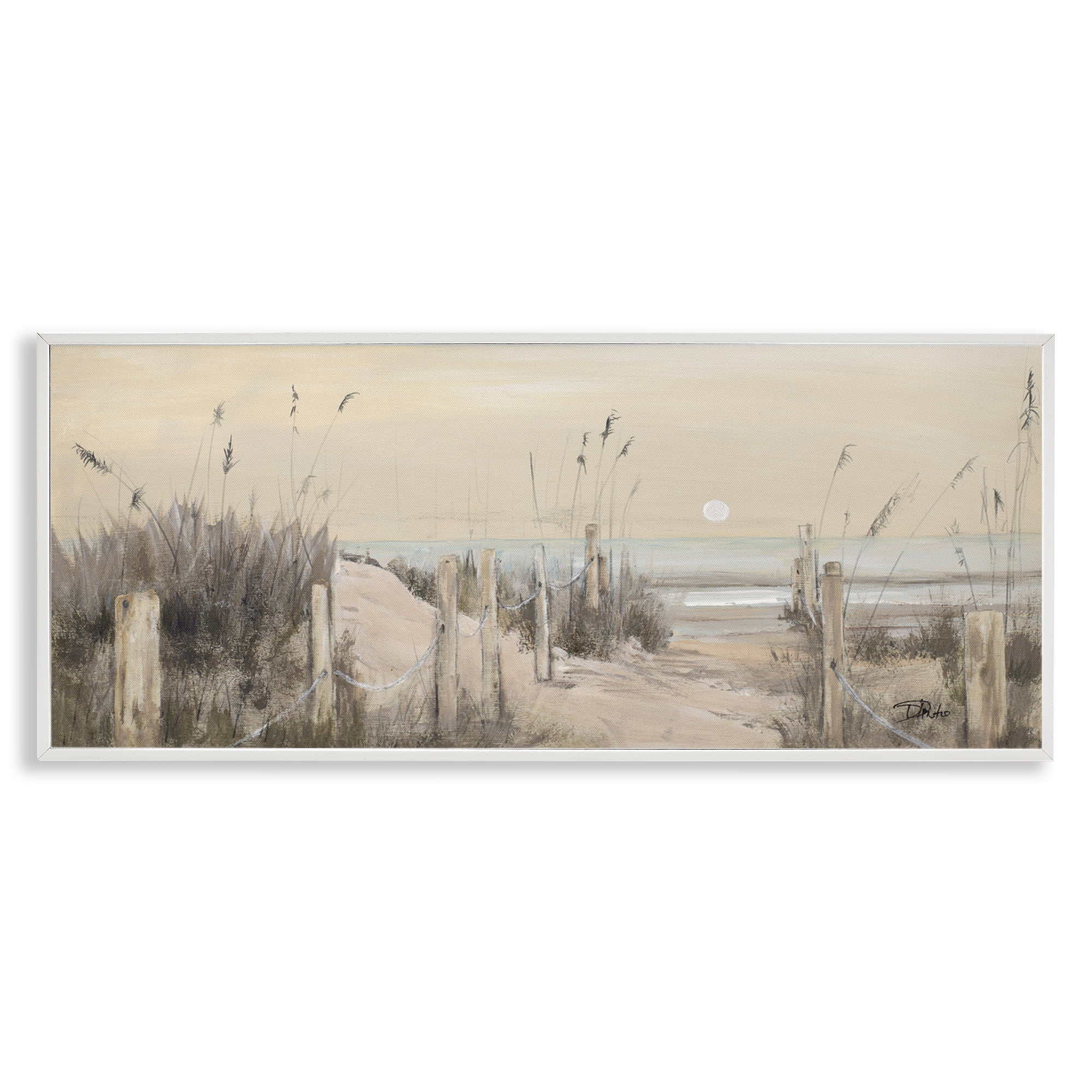 Stupell Industries White Moon Over Ocean Landscape Painting White Framed Art Print Wall Art, 30 x 13