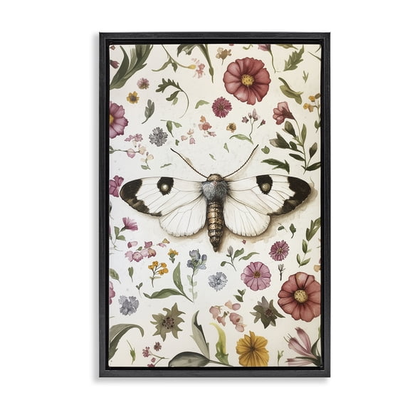 Stupell Industries White Moth & Botanicals Floral Painting Black Floater Framed Canvas Art Print Wall Art, 17 x 25
