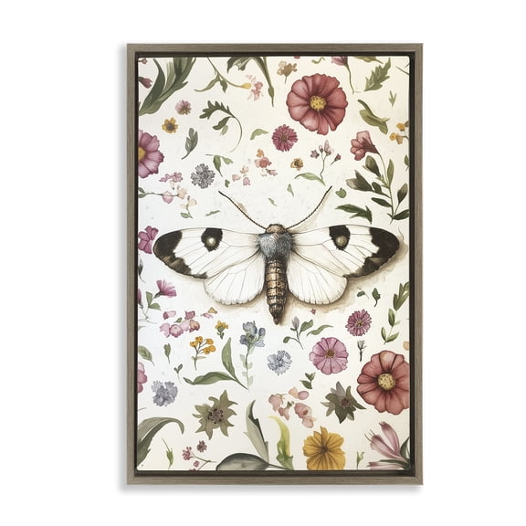 Stupell Industries White Moth & Botanicals Floral Painting Brown Floater Framed Canvas Art Print Wall Art, 17 x 25