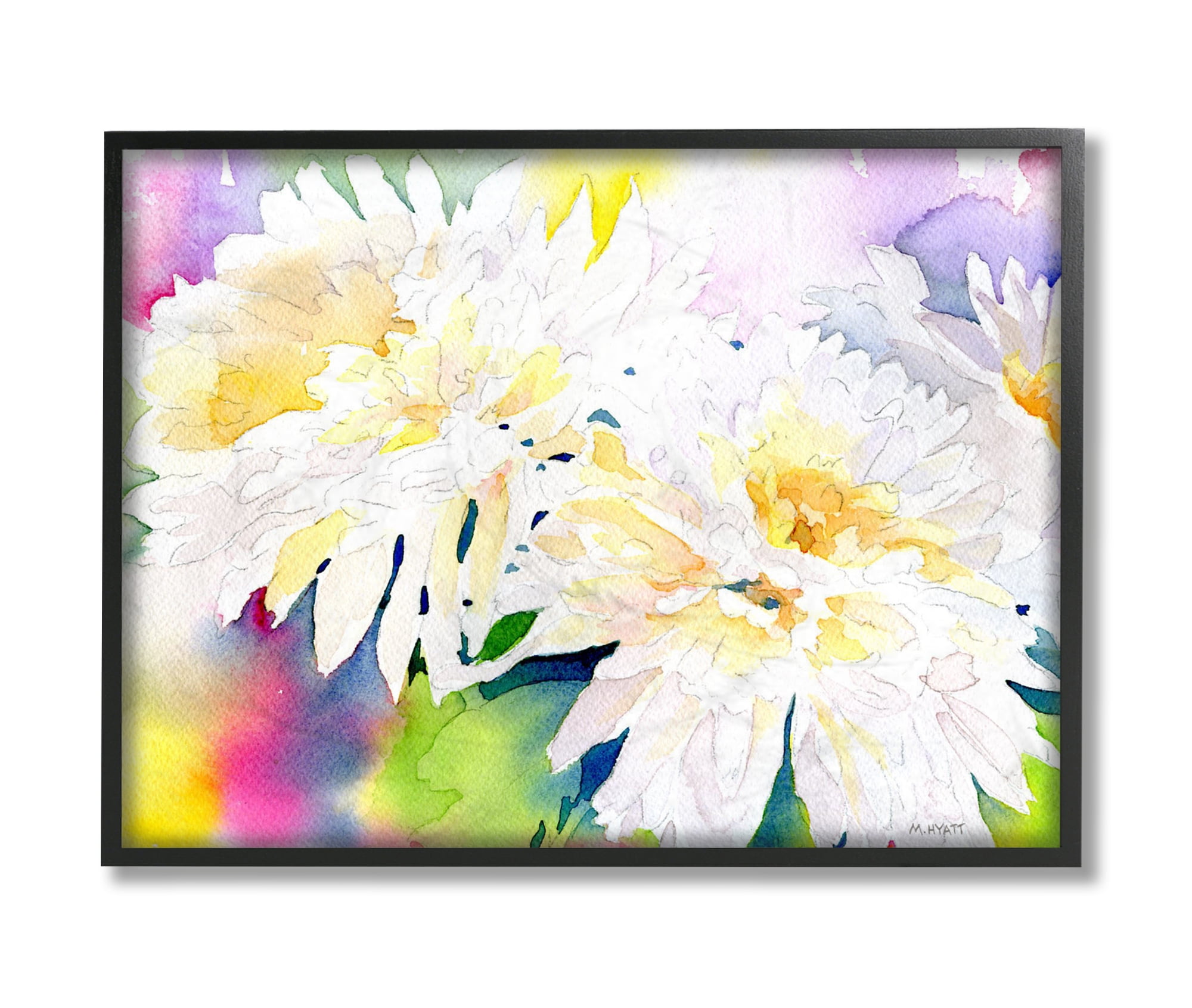 Stupell Industries White Mum Florals over Rainbow Watercolor Black Framed, 11 x 14, Design by Melissa Hyatt LLC