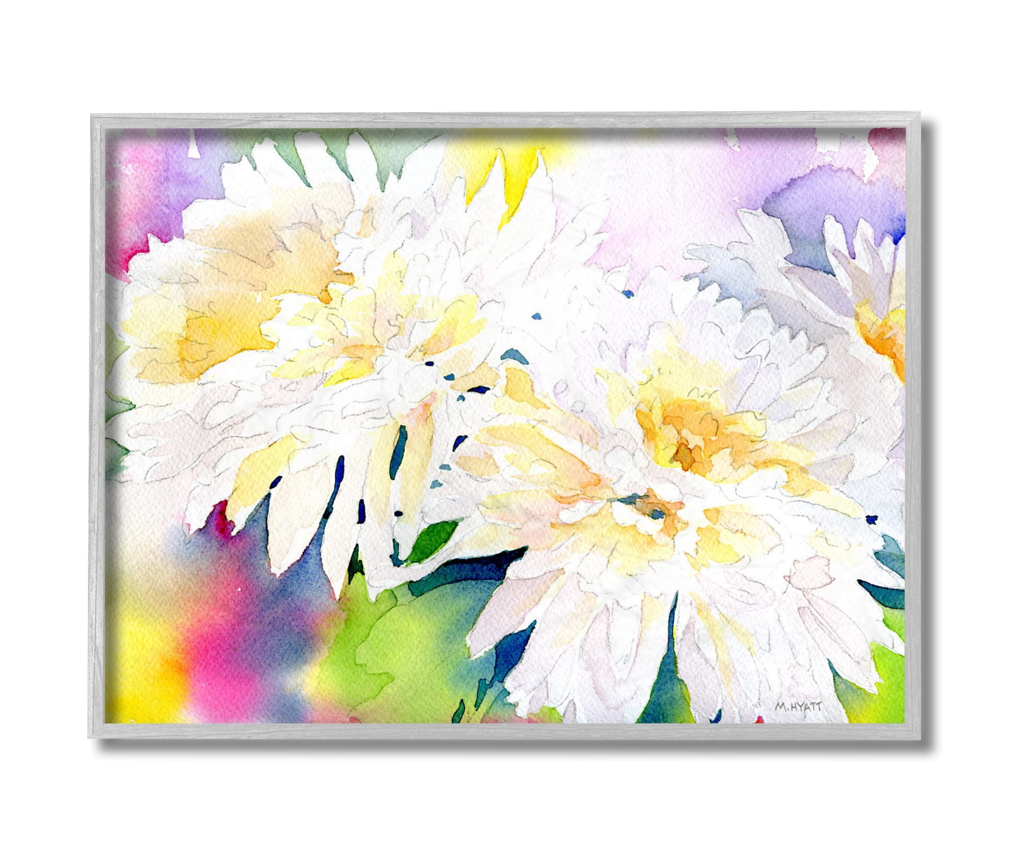 Stupell Industries White Mum Florals over Rainbow Watercolor Grey Framed, 11 x 14, Design by Melissa Hyatt LLC