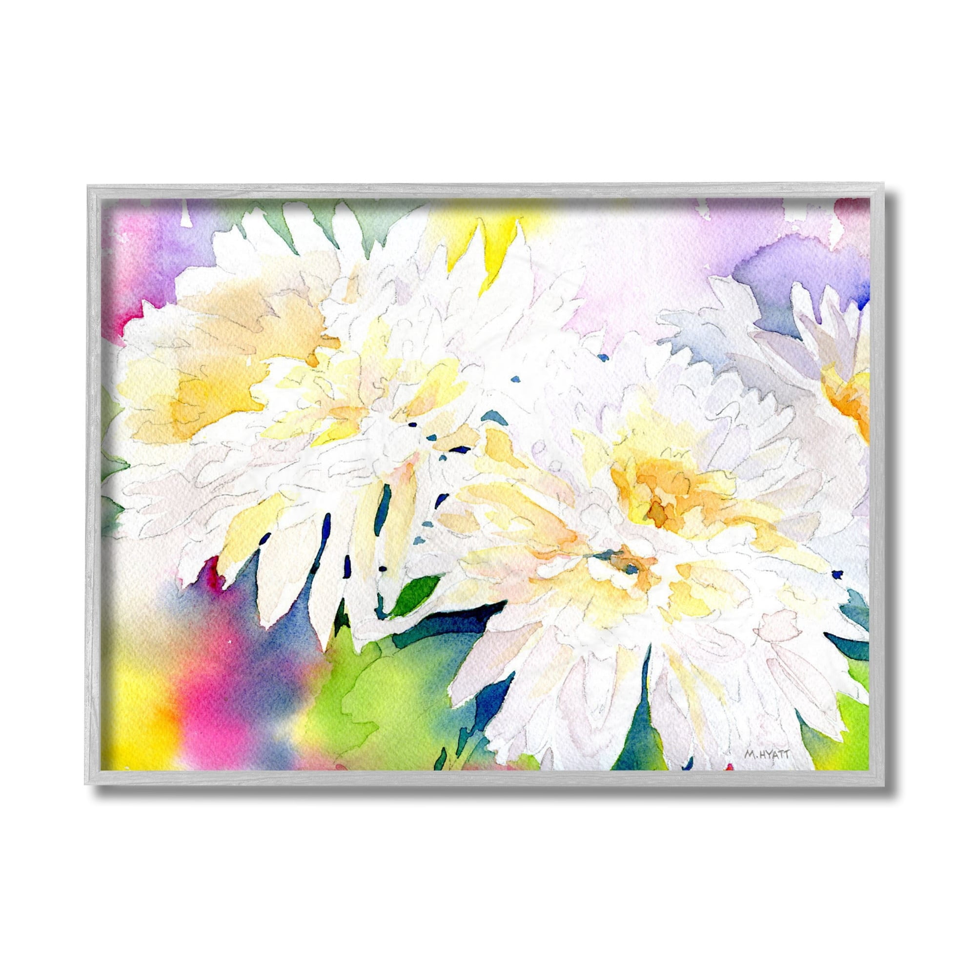 Stupell Industries White Mum Florals over Rainbow Watercolor Grey Framed, 16 x 20, Design by Melissa Hyatt LLC