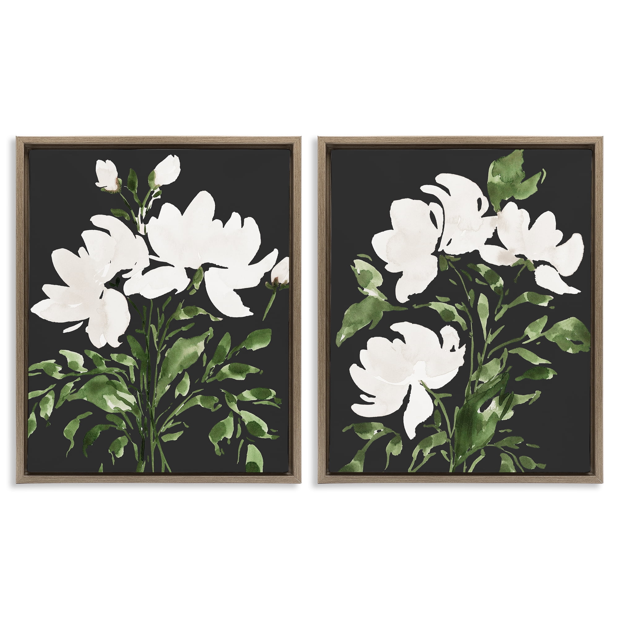 Stupell Industries White On Black Blooms 2 Piece Brown Framed Floater Canvas Set, design by Lucille Price